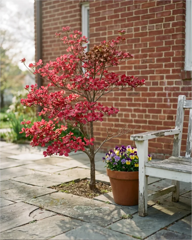 Red Pygmy dwarf dogwood with pink-red bracts on a small compact tree beside a patio