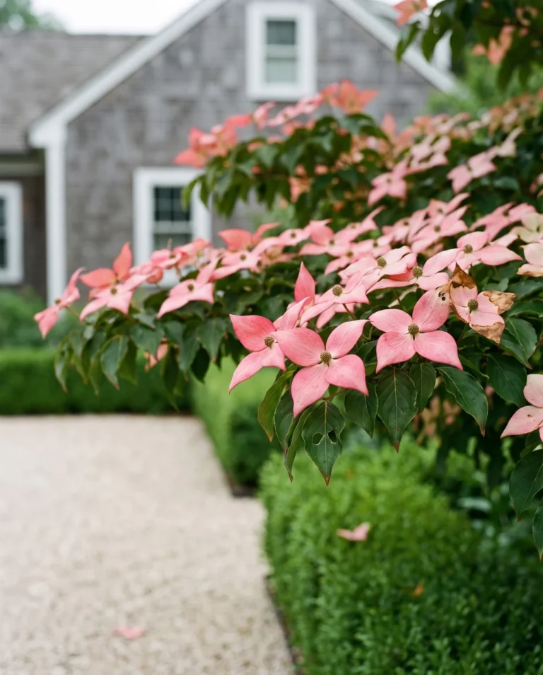 Satomi kousa dogwood with rose-pink pointed bracts over green leaves in June light