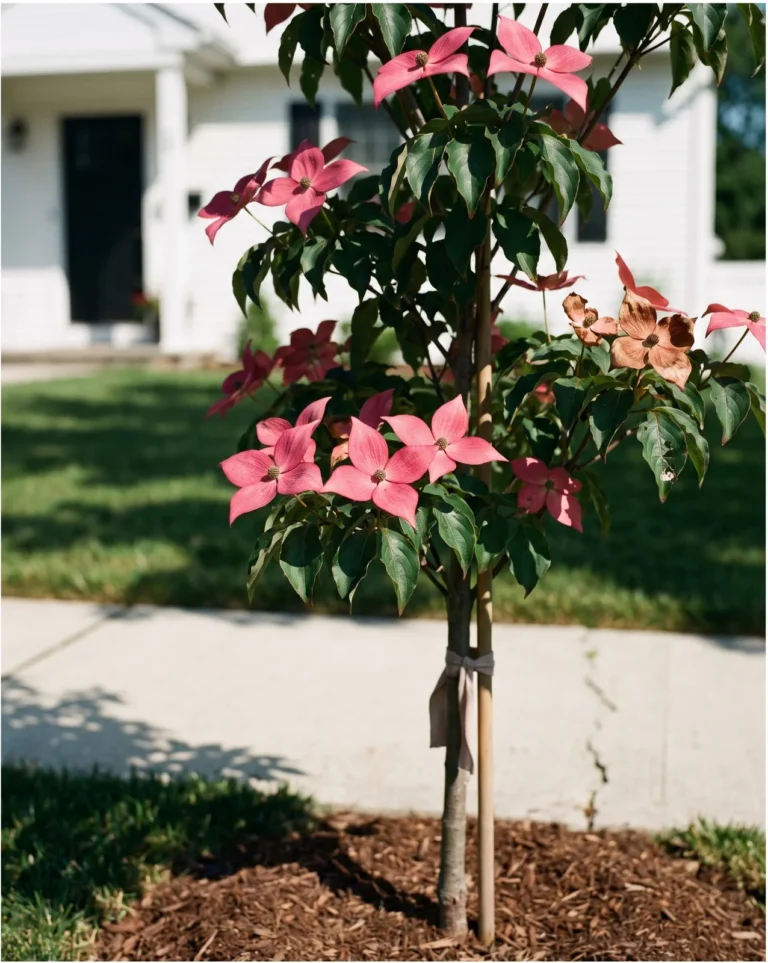 Scarlet Fire kousa dogwood with deep pink bracts held over green leaves on an upright young tree