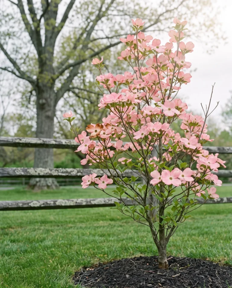 Stellar Pink hybrid dogwood with soft pink rounded bracts on upright branches in May