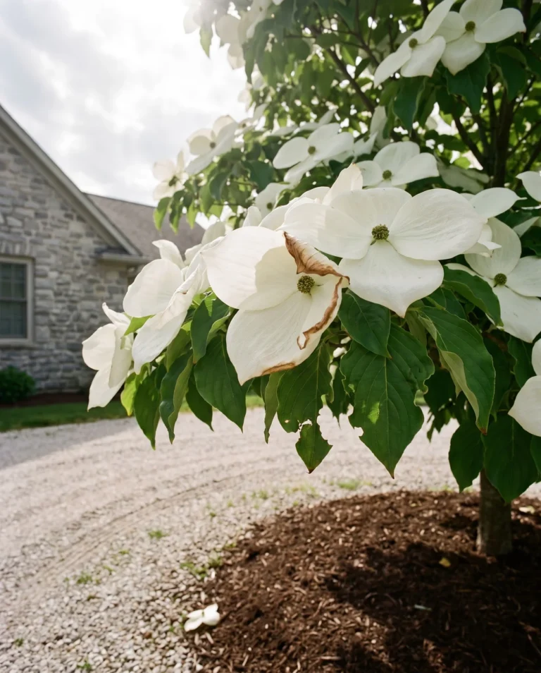 Venus hybrid dogwood with very large white bracts the size of a spread palm on a vigorous tree