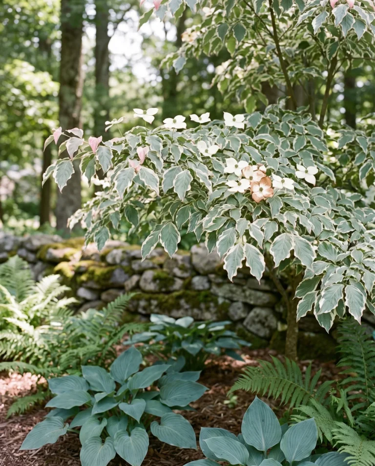 Wolf Eyes kousa dogwood with white-edged variegated leaves and white bracts in a shaded garden