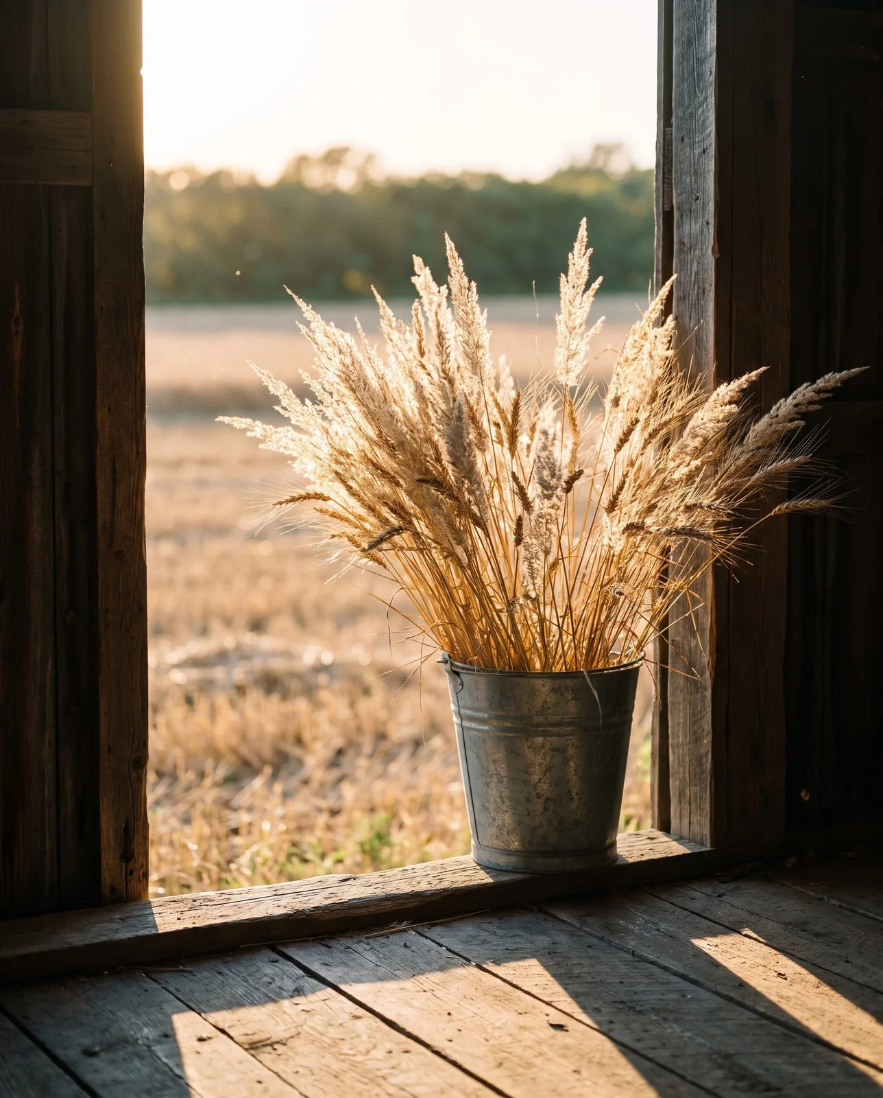 Tall sheaf of ornamental grasses in a bucket before a field