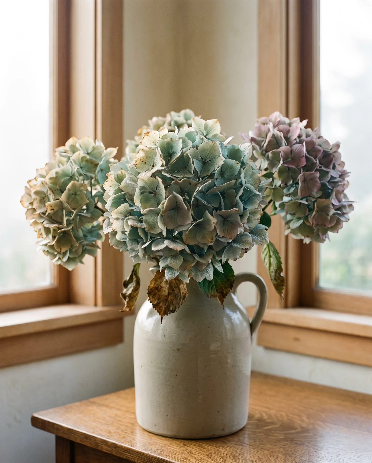 Papery blue-green dried hydrangea heads standing in a stoneware jug