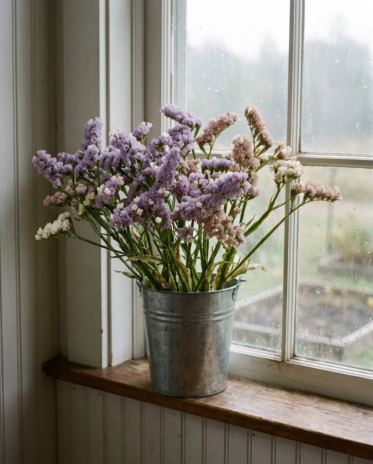 Fresh-cut purple and pink statice stems in a vintage zinc bucket