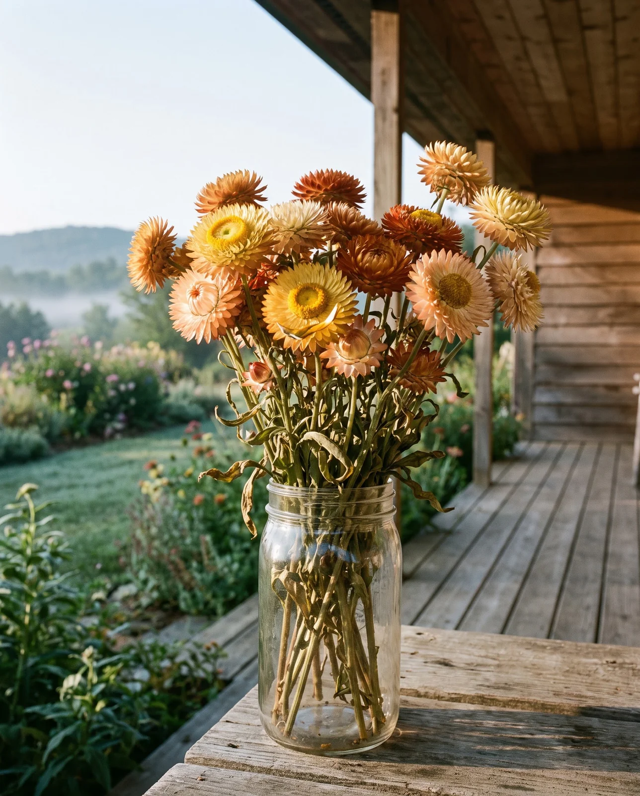 Golden and rust strawflower stems bundled in a clear glass jar