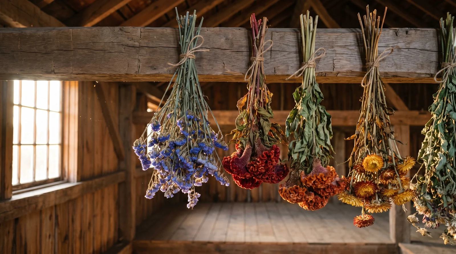Bundles of dried statice, celosia, and strawflowers hanging from barn rafters