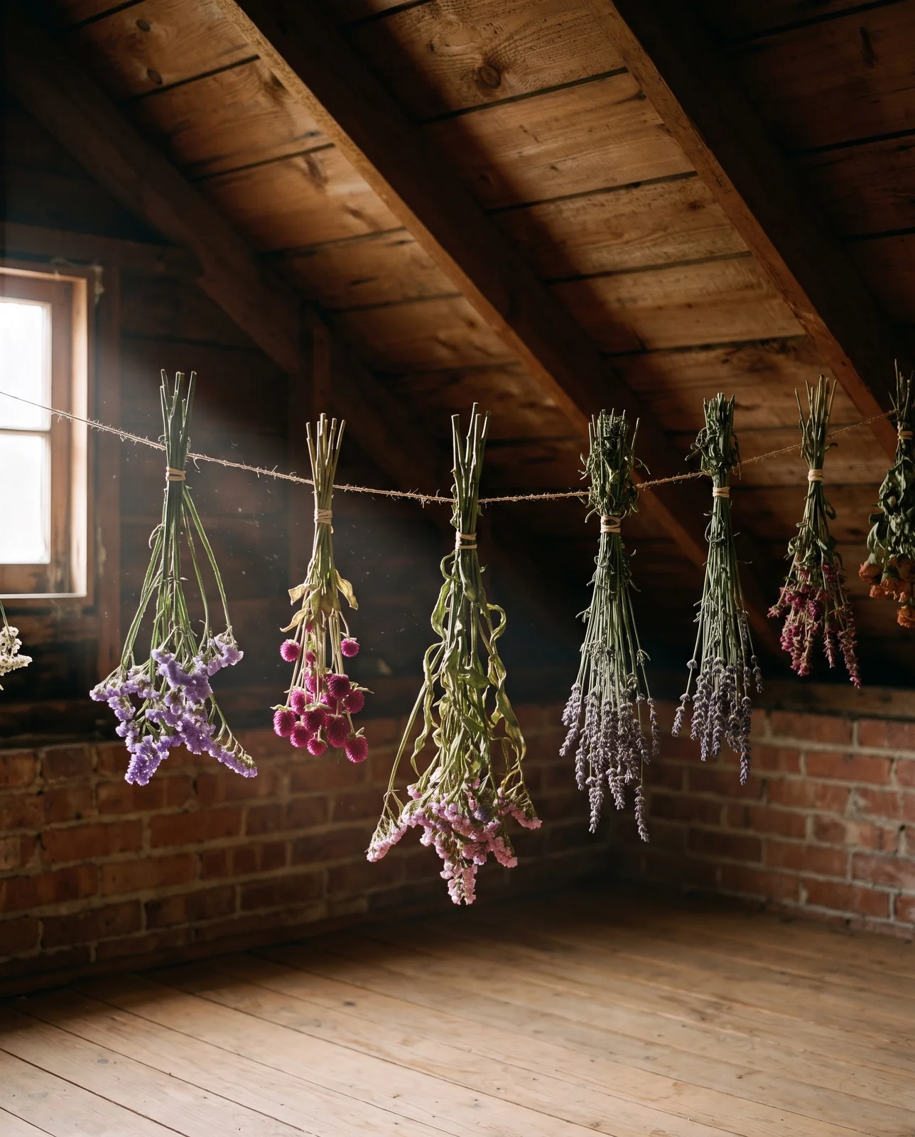 Bundles of mixed flowers hanging upside down from attic joists