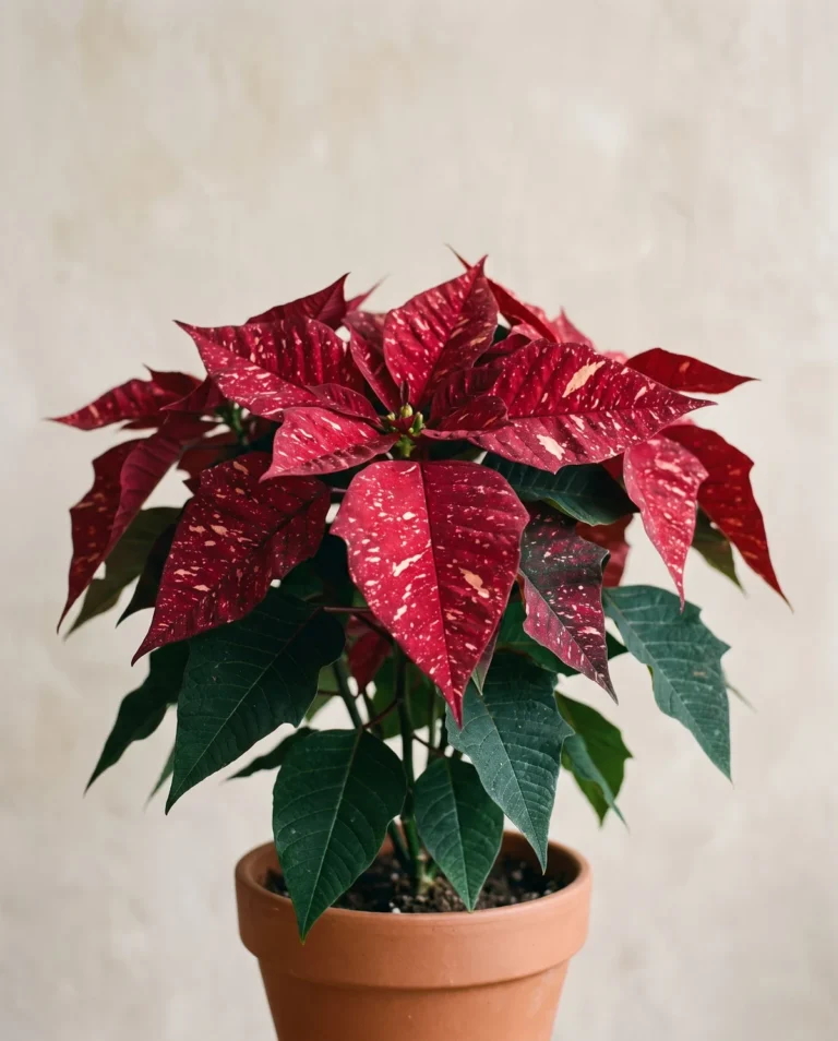 Red Jingle Bells poinsettia with pink and cream flecks scattered across the bracts