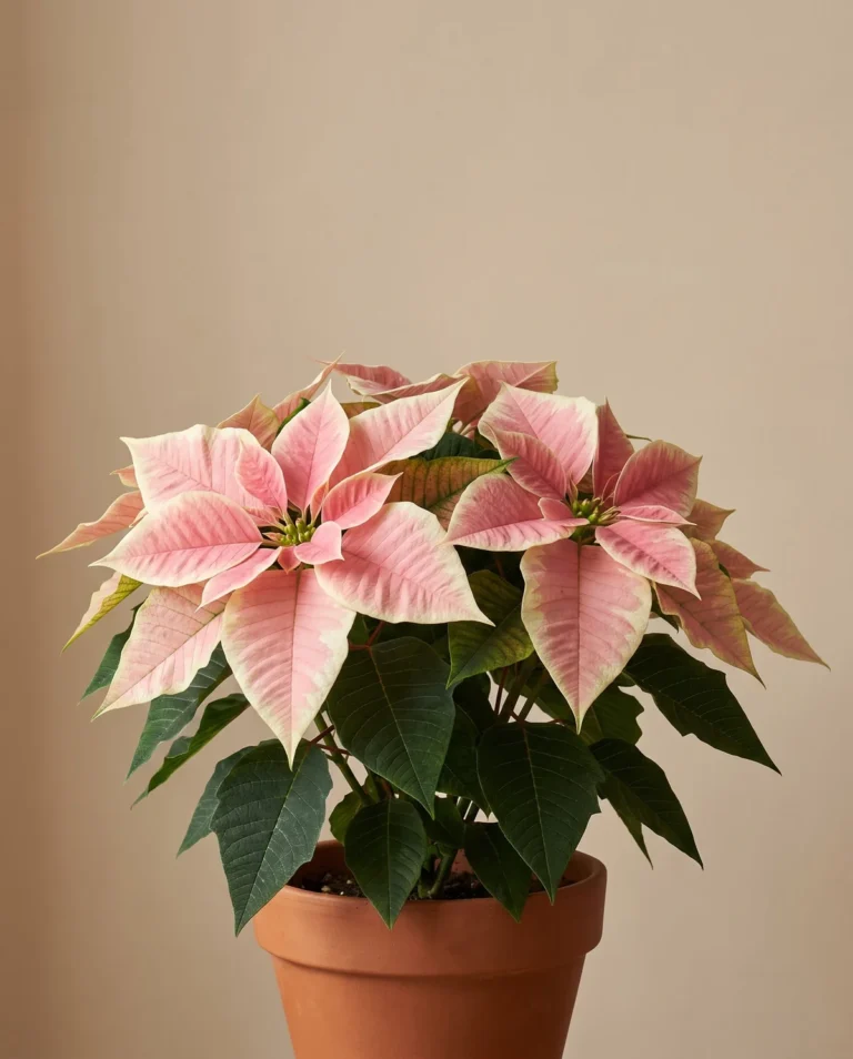 Marble poinsettia with pink bract centers feathering to cream edges