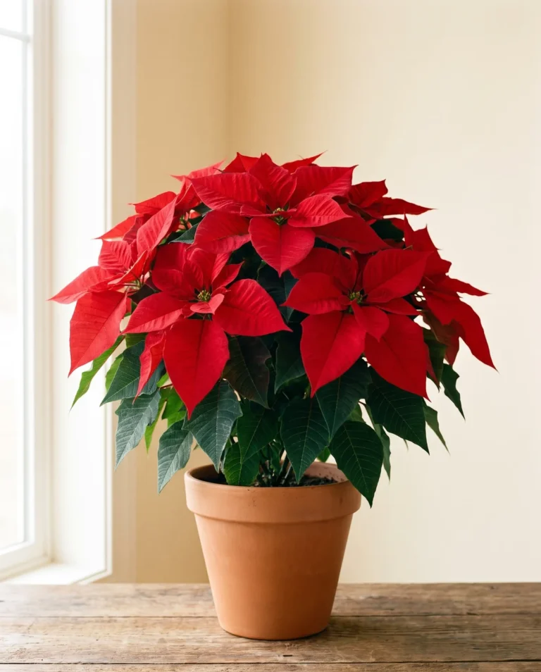 Classic scarlet Prestige-type poinsettia with a full upright dome of red bracts