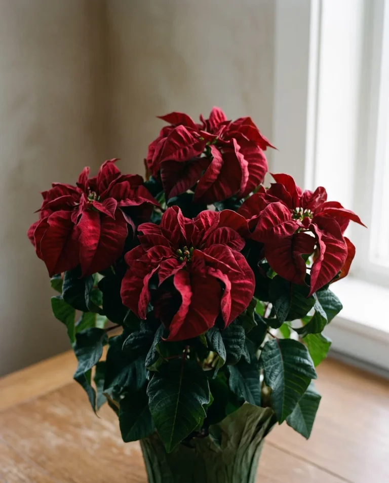 Winter Rose poinsettia with deep red bracts curled inward like small rosettes