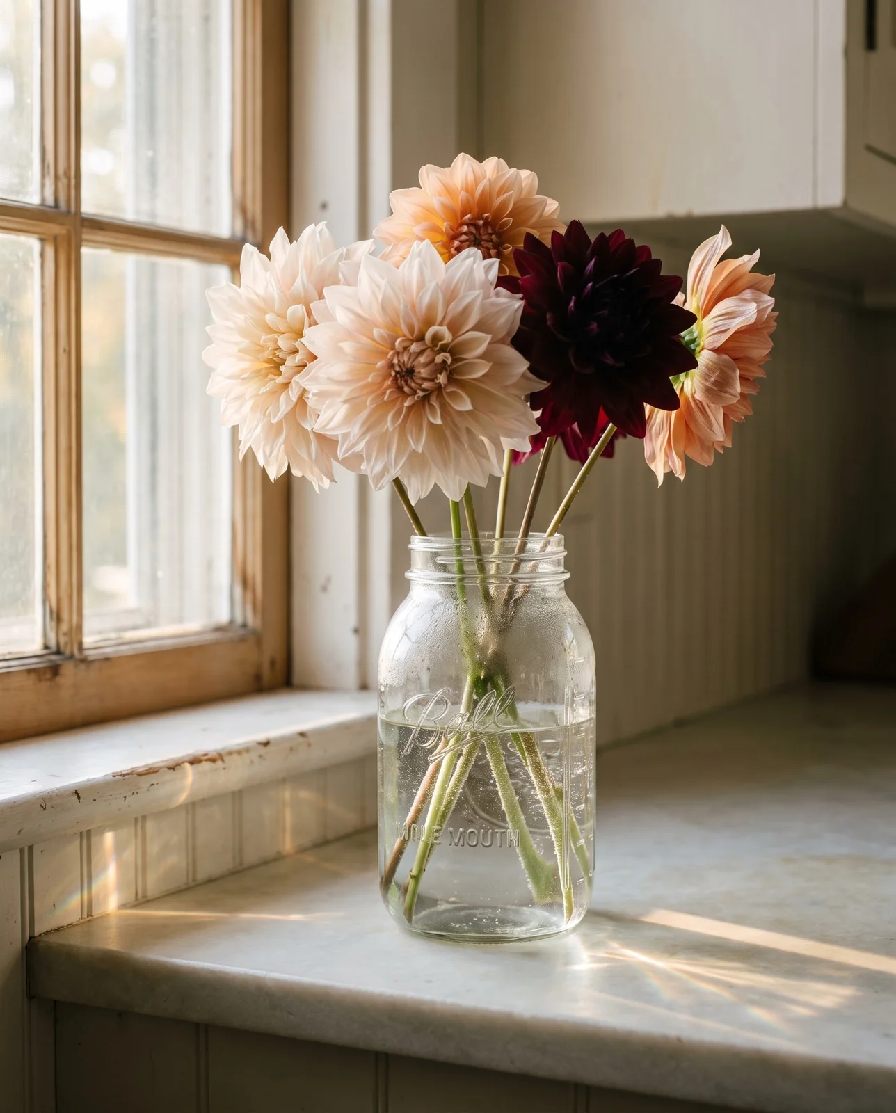 Freshly cut dahlia stems hydrating in a glass jar on kitchen counter.