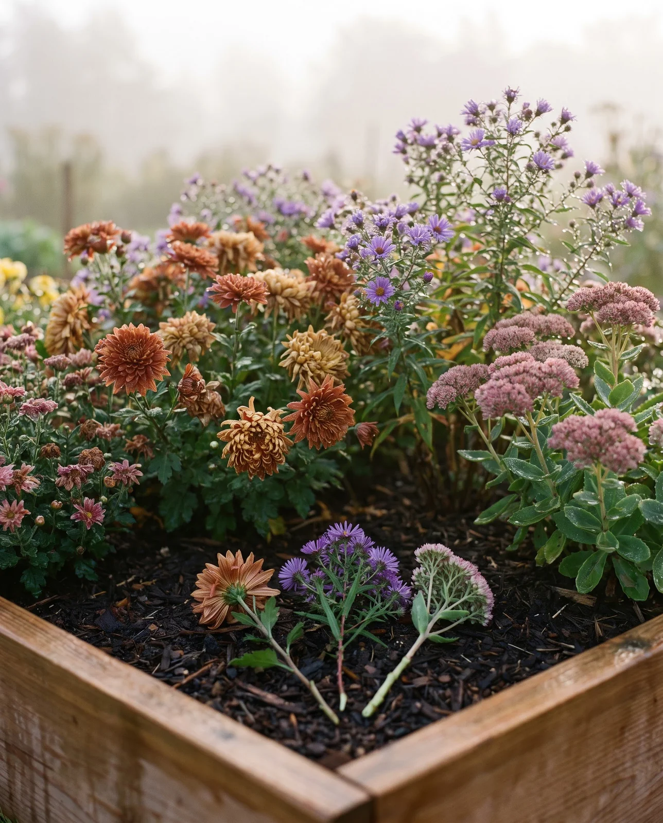 Dew-covered mums, asters, and sedum in a morning cutting garden bed.