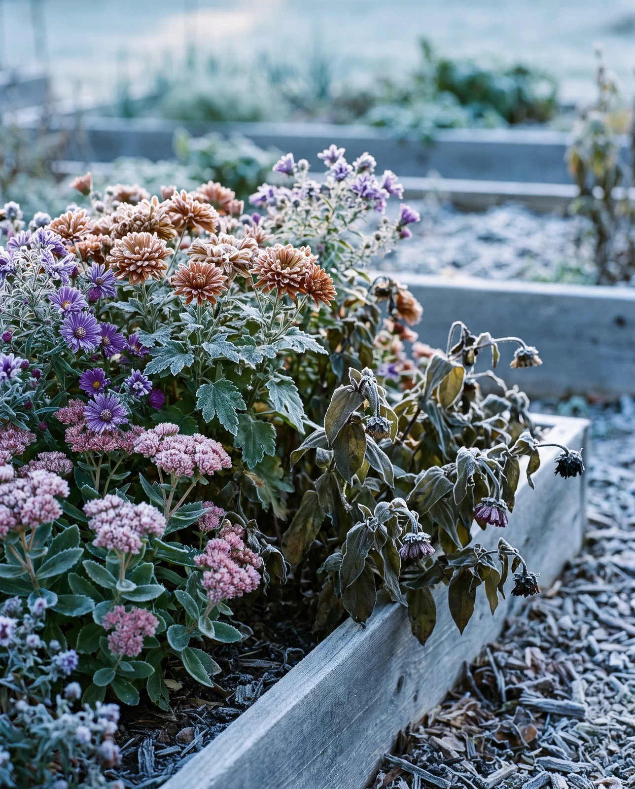 Frost-rimed mums and asters standing beside collapsed frost-damaged dahlia leaves.