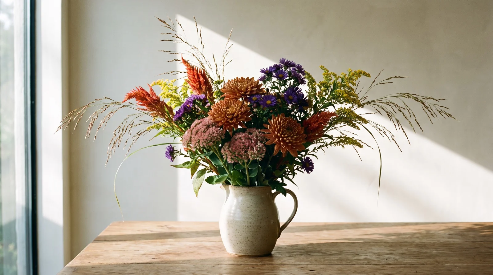 Fall flower arrangement in a stoneware pitcher on a wooden dining table.