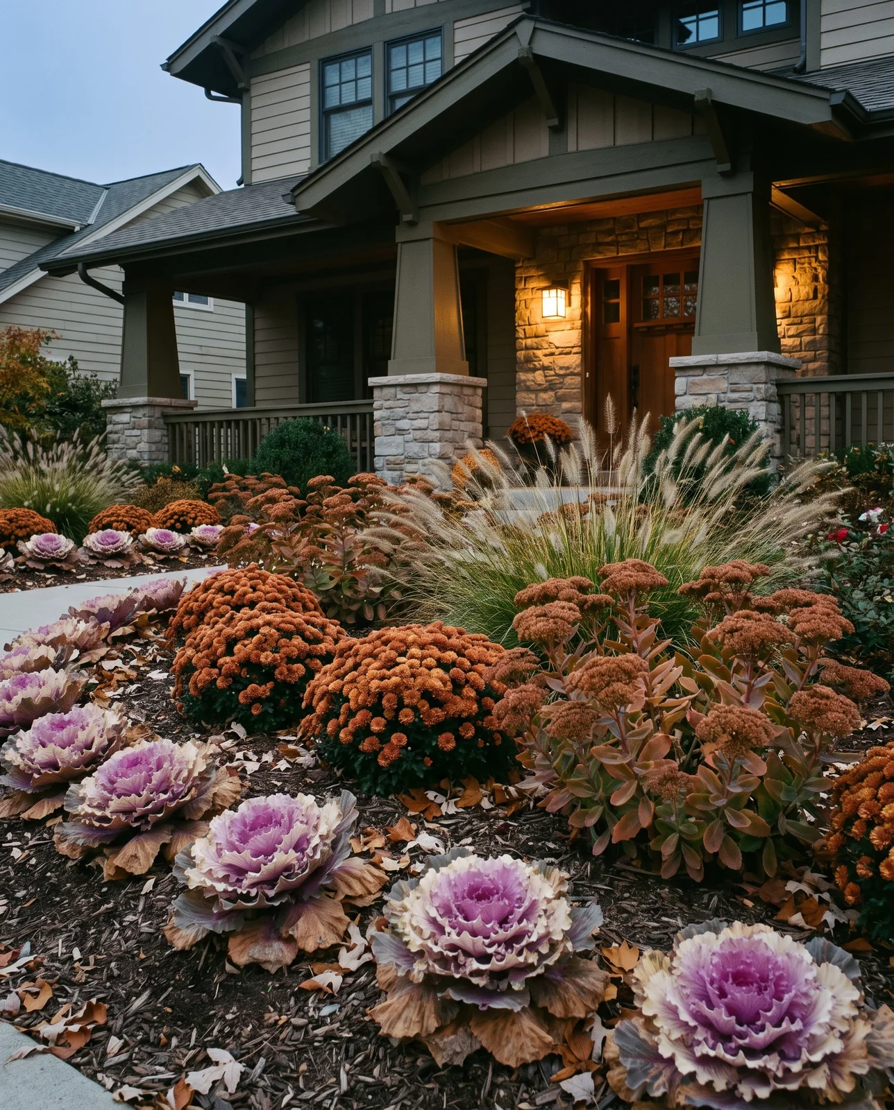 Front yard foundation flower bed illuminated at dusk by porch light.