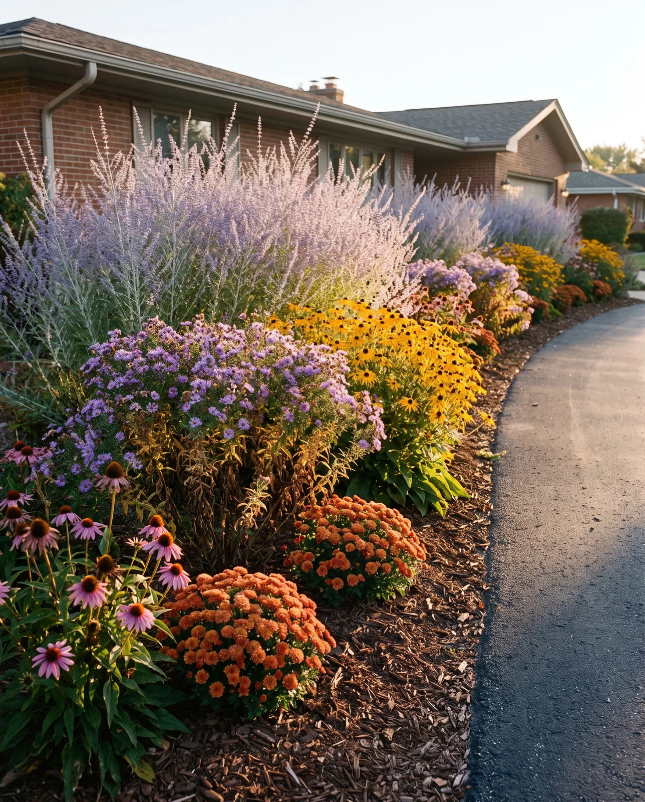 Multi-tiered full-sun flower bed along a driveway at golden hour.