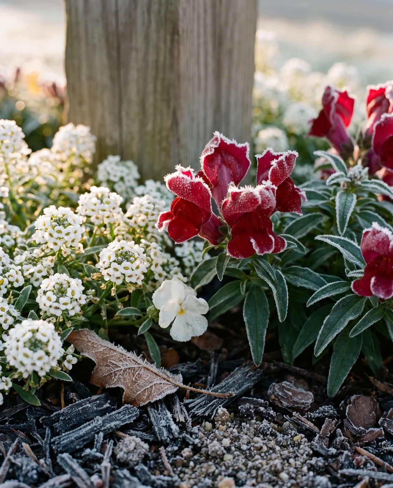 Frost crystals on white sweet alyssum and red snapdragon flowers.