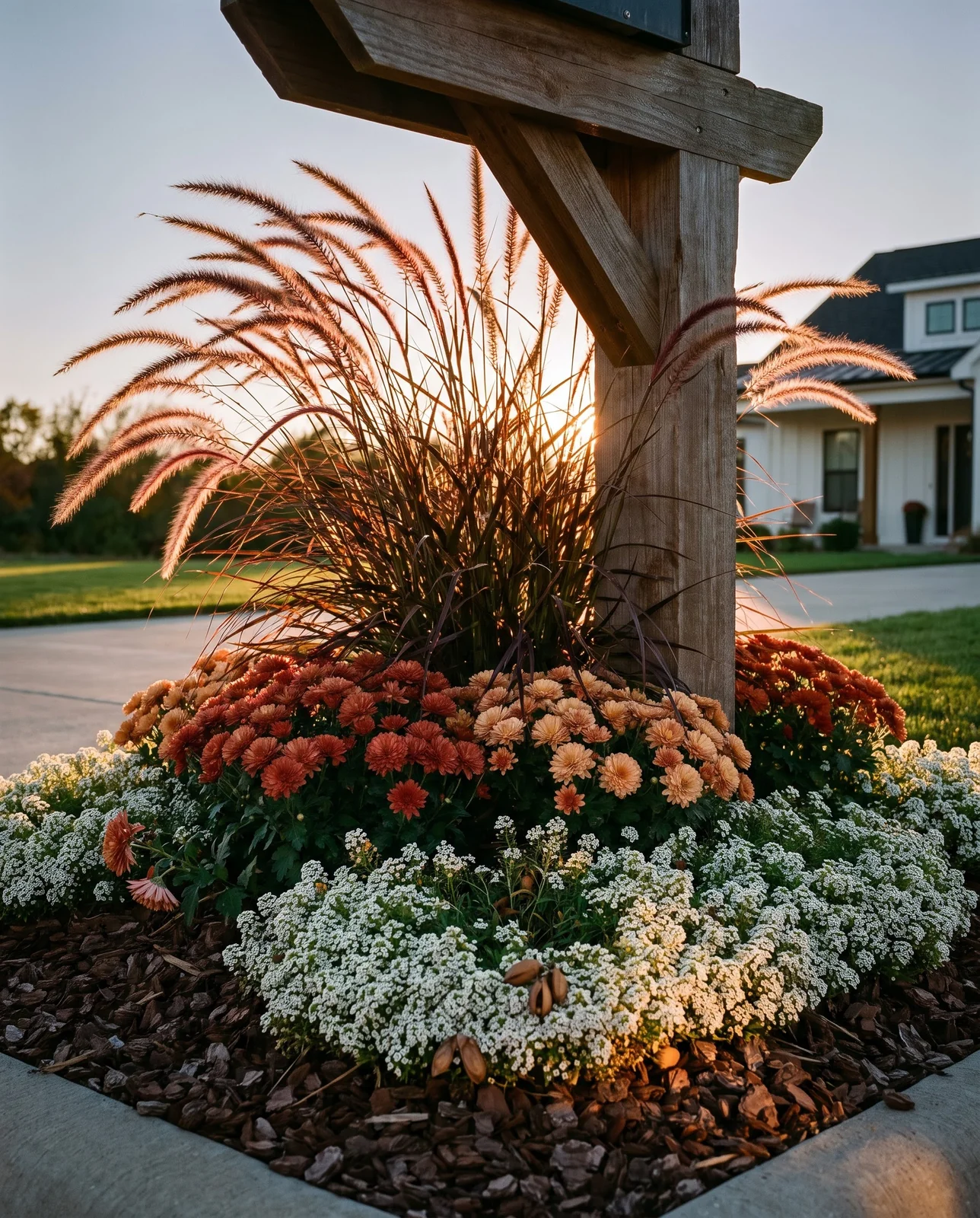 Tiered mailbox flower bed with sweet alyssum and purple grass.