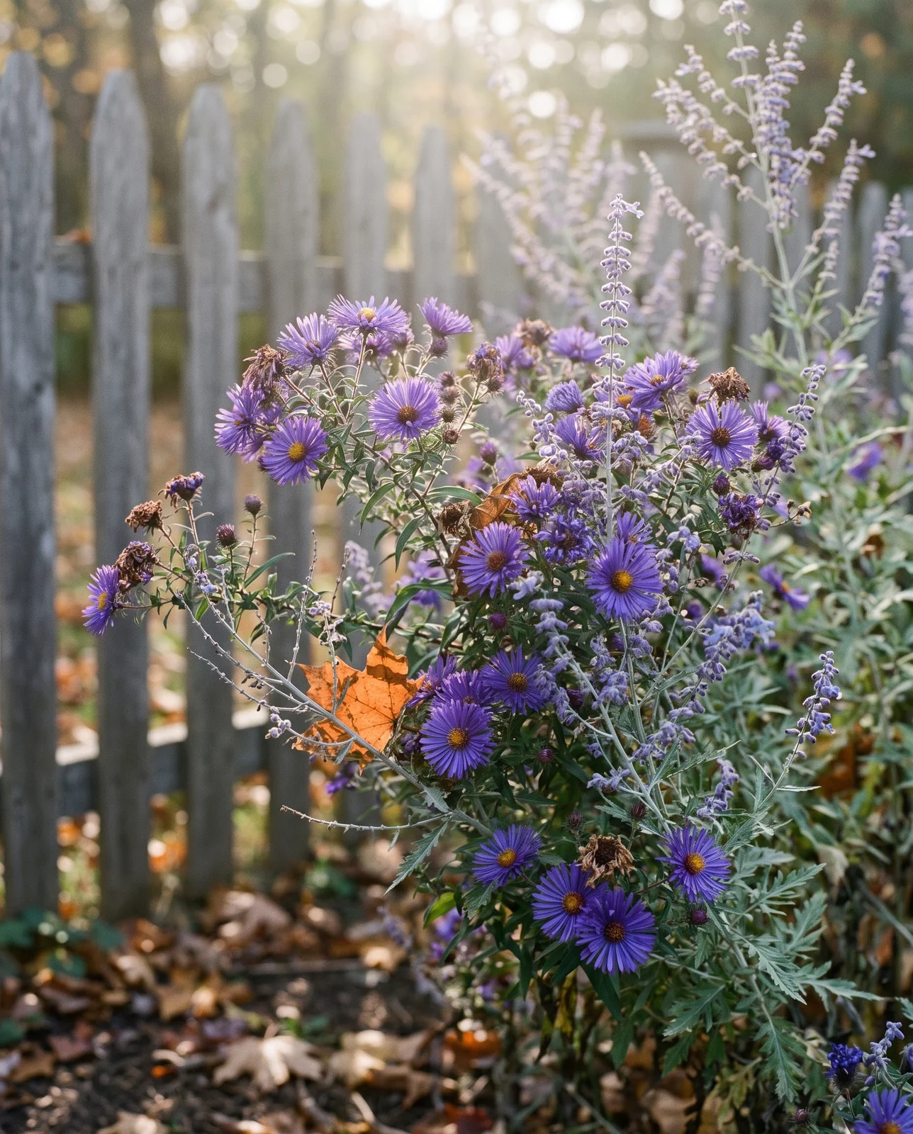 Purple New England asters and Russian sage in cottage garden border