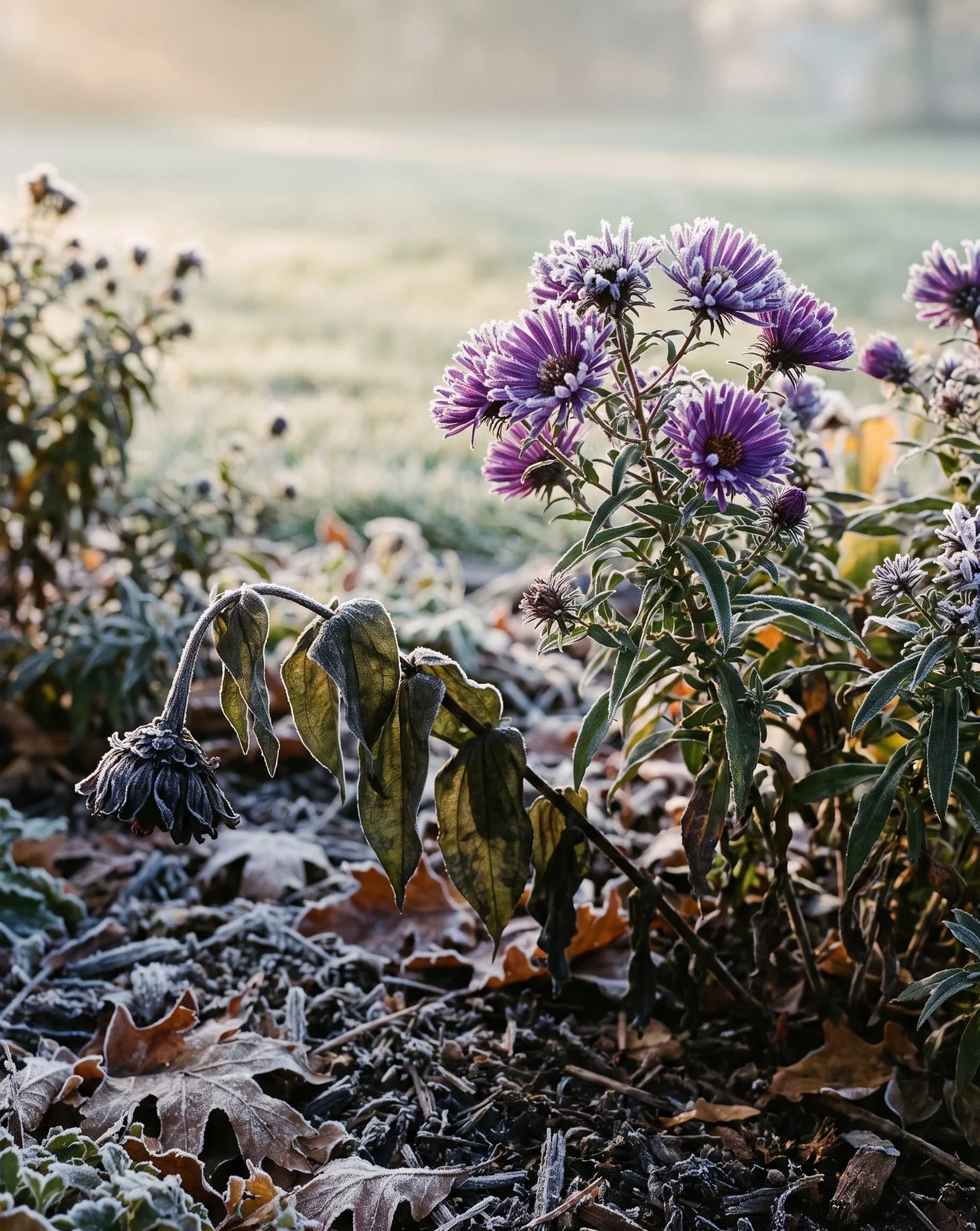 Hardy frost-covered asters beside blackened freeze-damaged zinnia stem