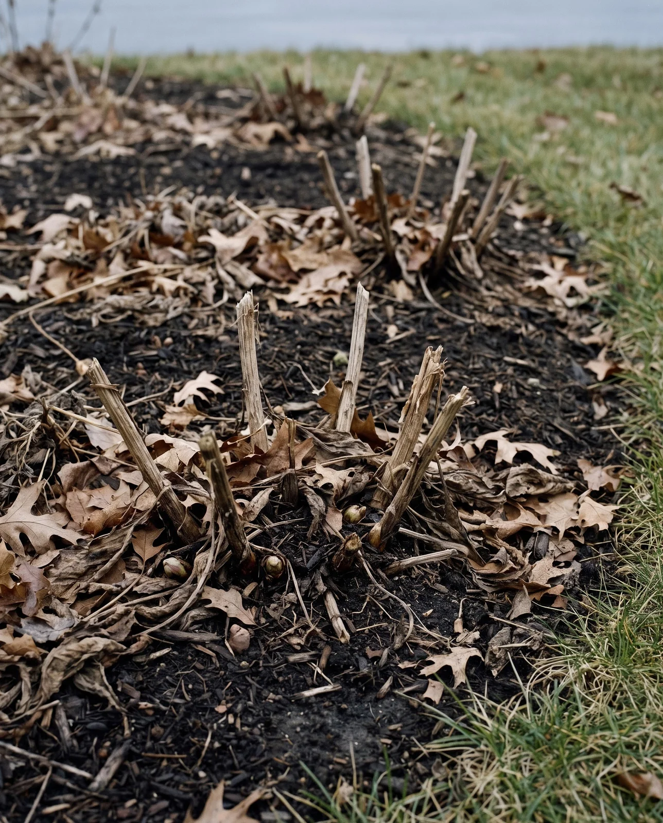 Cut back dormant perennial crowns in autumn mulch bed