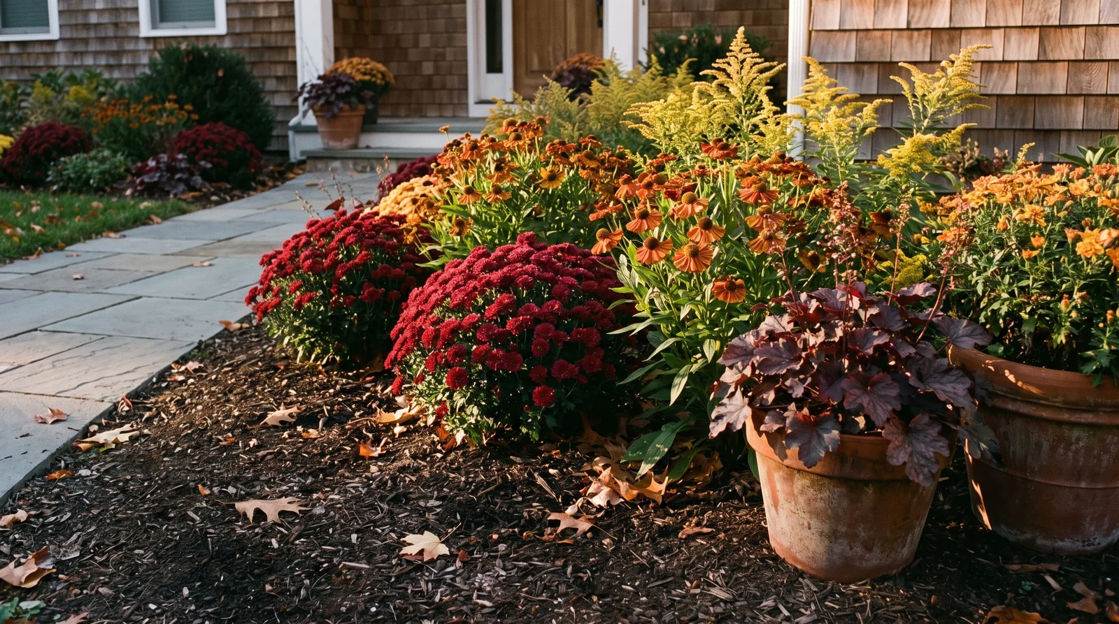 Mixed fall container garden and flower bed along front bluestone walkway
