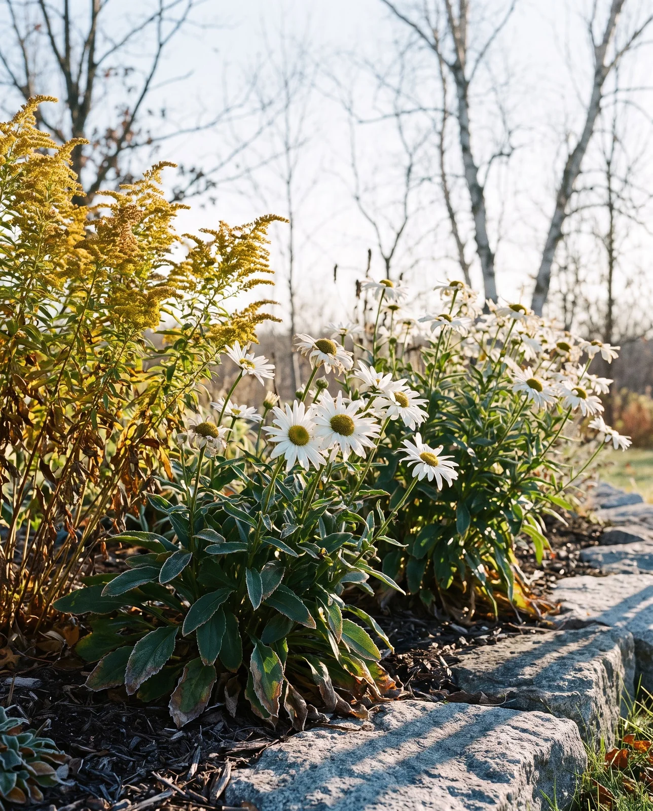 Hardy Montauk daisies and goldenrod blooming in cool-zone garden