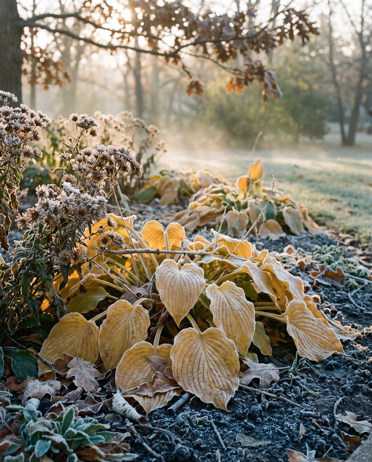 Morning frost dusting hosta leaves and perennial foliage in northern garden