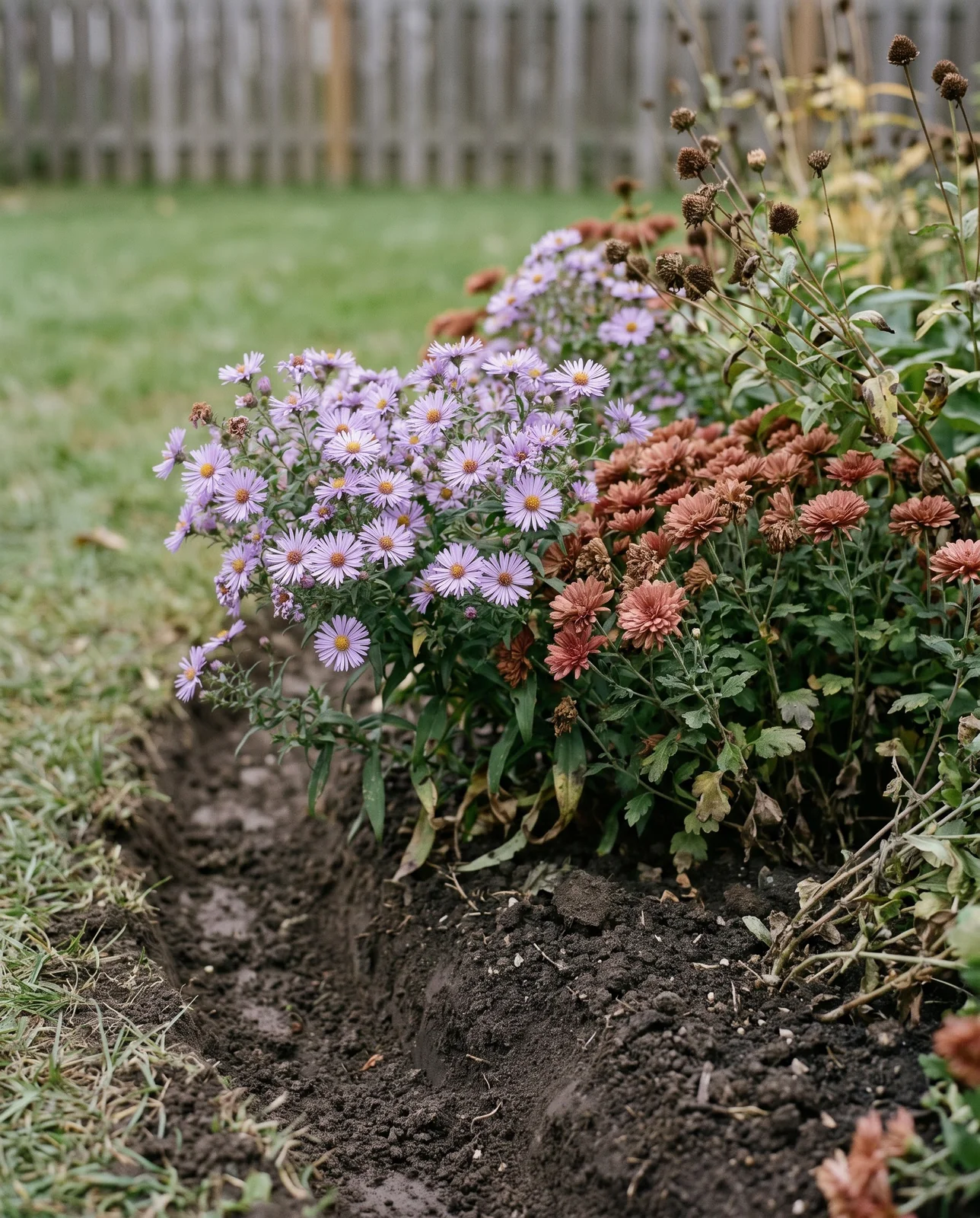 Blooming asters and chrysanthemums in autumn Midwest backyard garden border