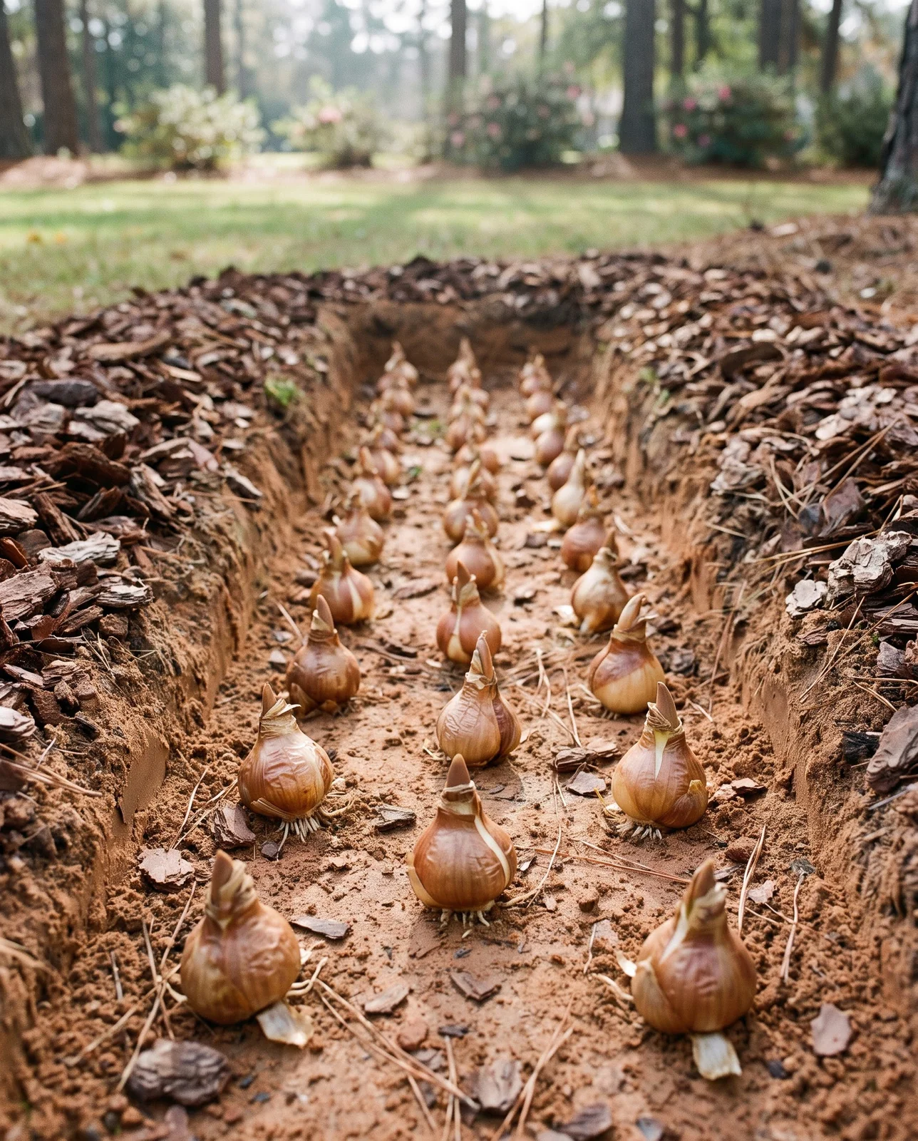 Daffodil bulbs resting in shallow trench ready for planting in mulch