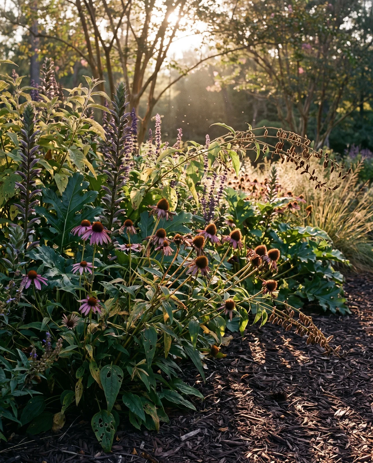 Lush southern perennial border with late green foliage in warm autumn