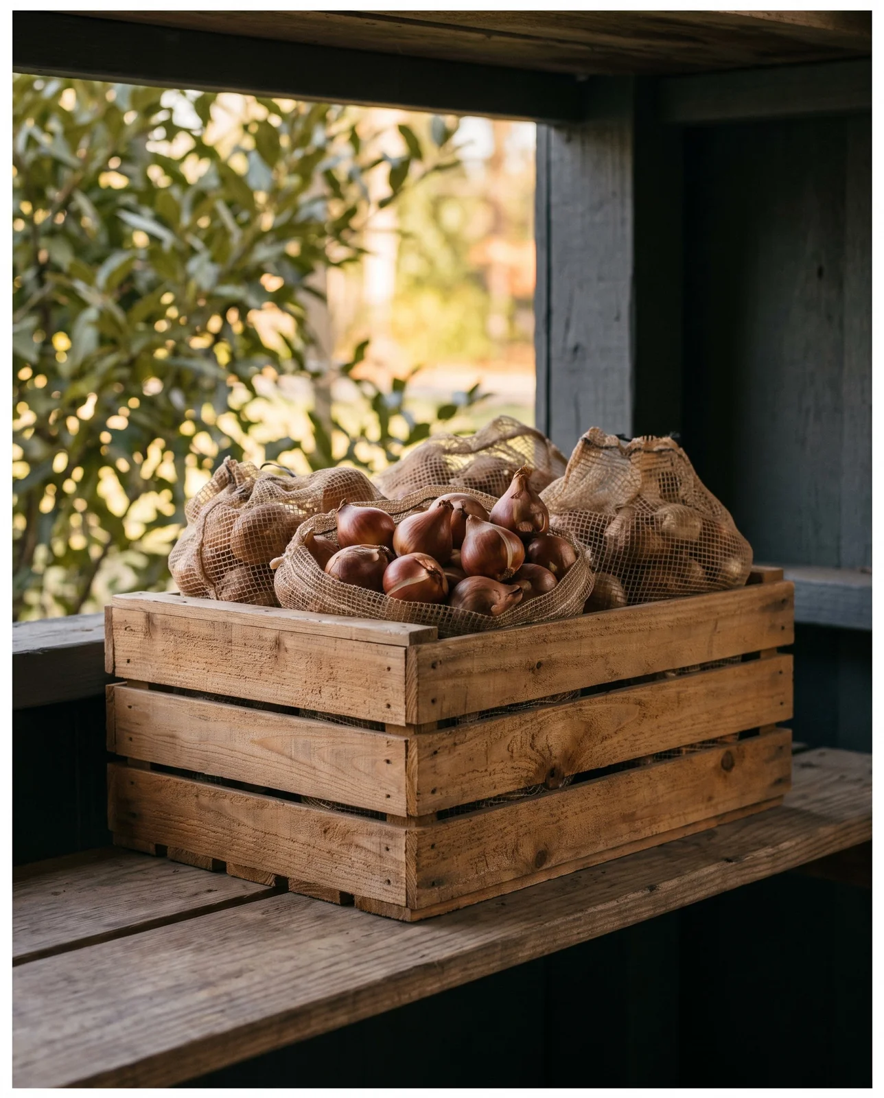 Mesh bags of tulip bulbs chilling inside wooden crate on porch
