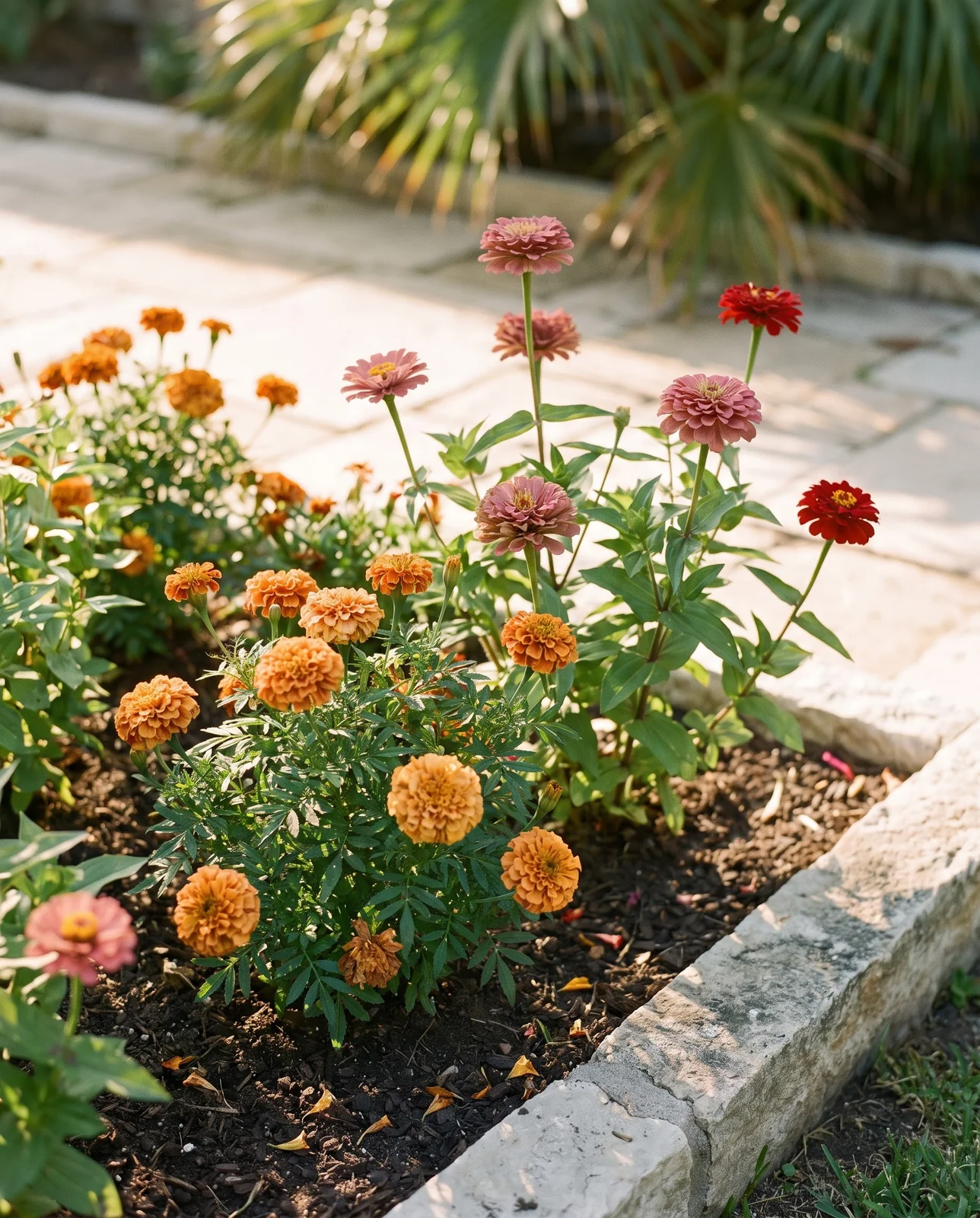 Autumn marigolds and zinnias blooming in warm southern coastal garden bed