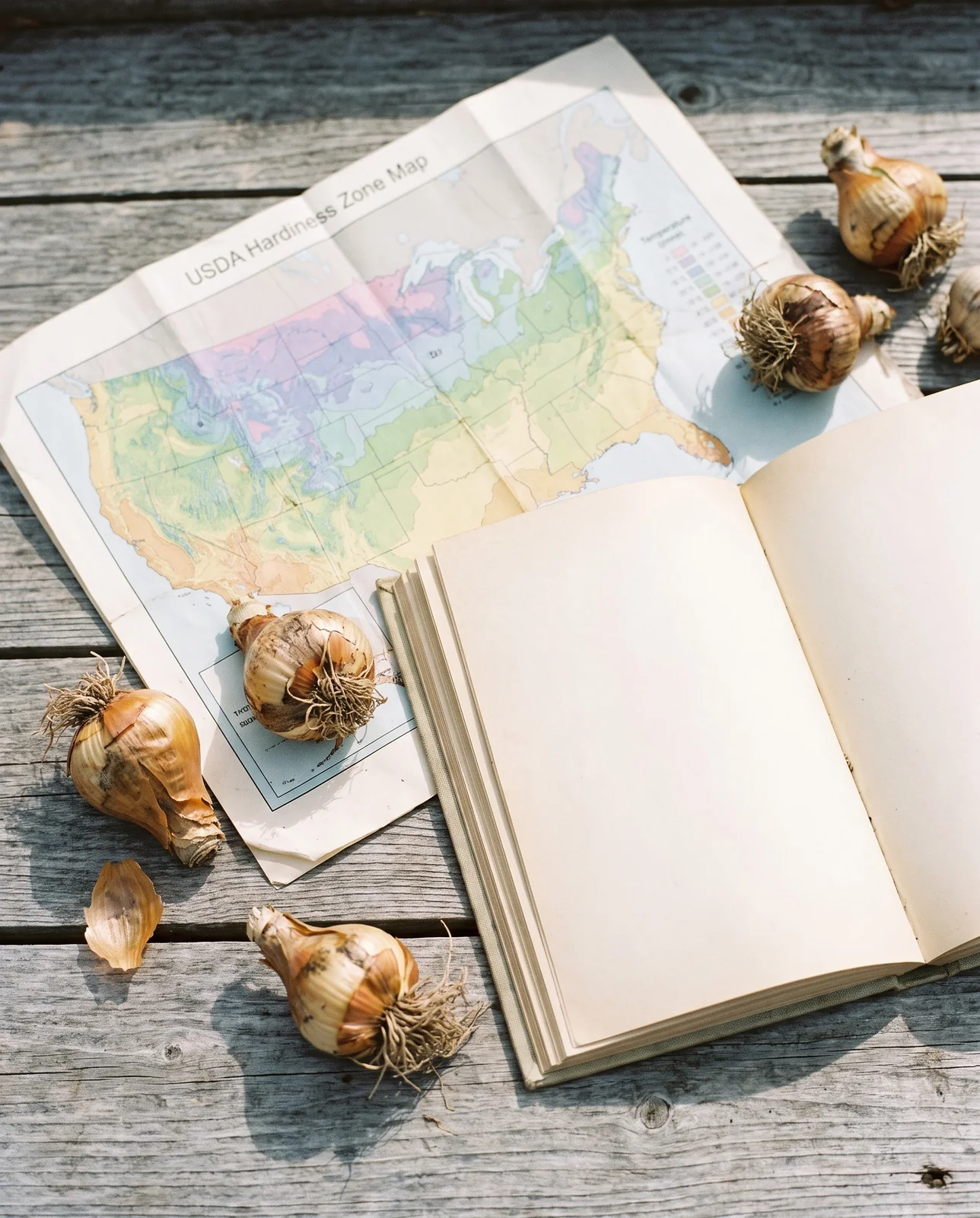Hardiness zone map and planting journal on wooden potting bench with bulbs