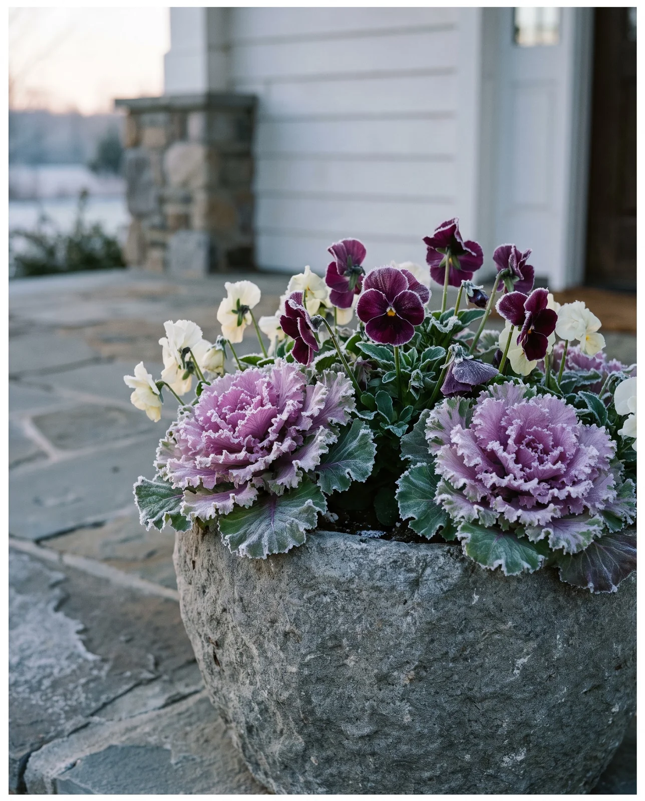 Upright frost-coated pansies and kale in stone pot at dawn