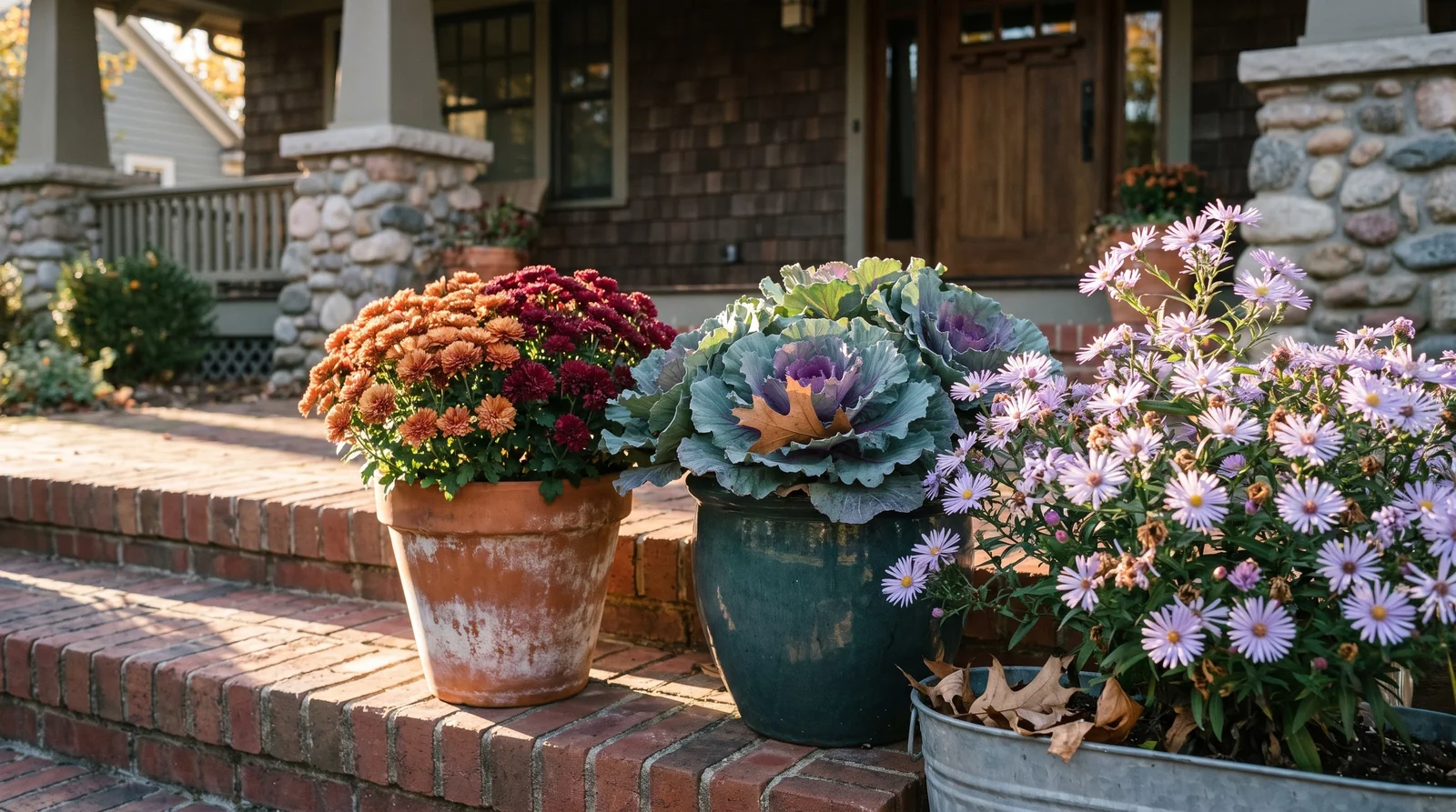 Potted mums, kale, and asters on Craftsman porch brick steps