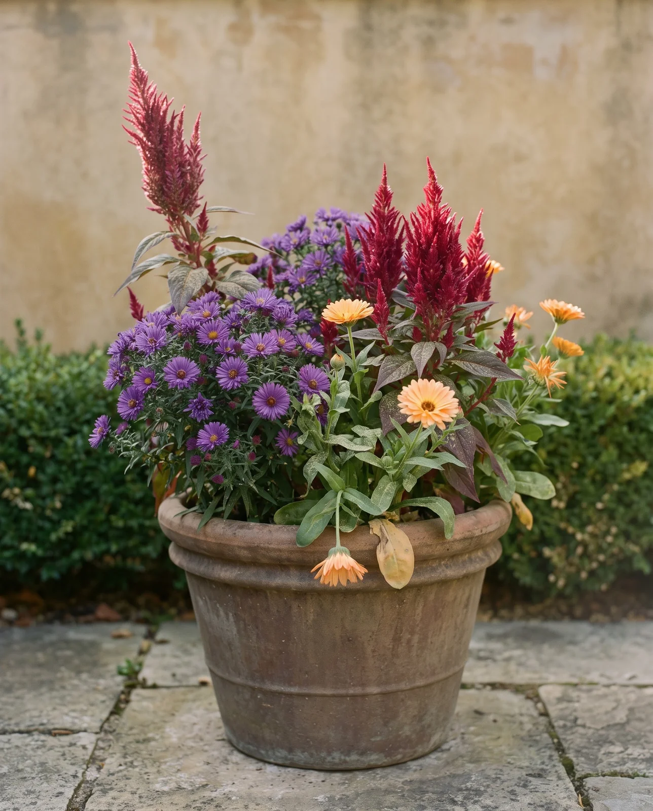 Aster, celosia, and calendula container planting on sunlit stone patio