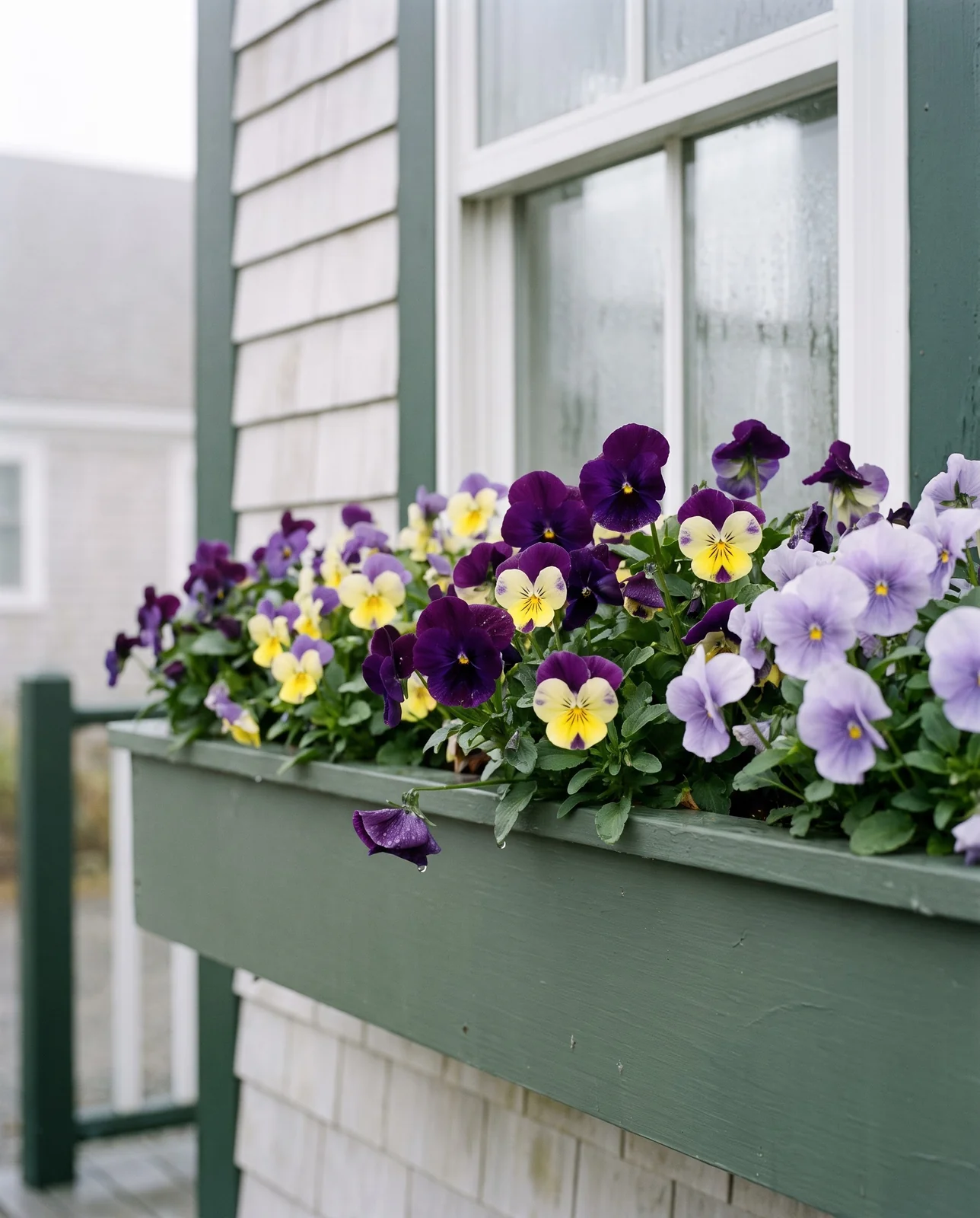 Pansies and violas blooming in wooden window box on cottage