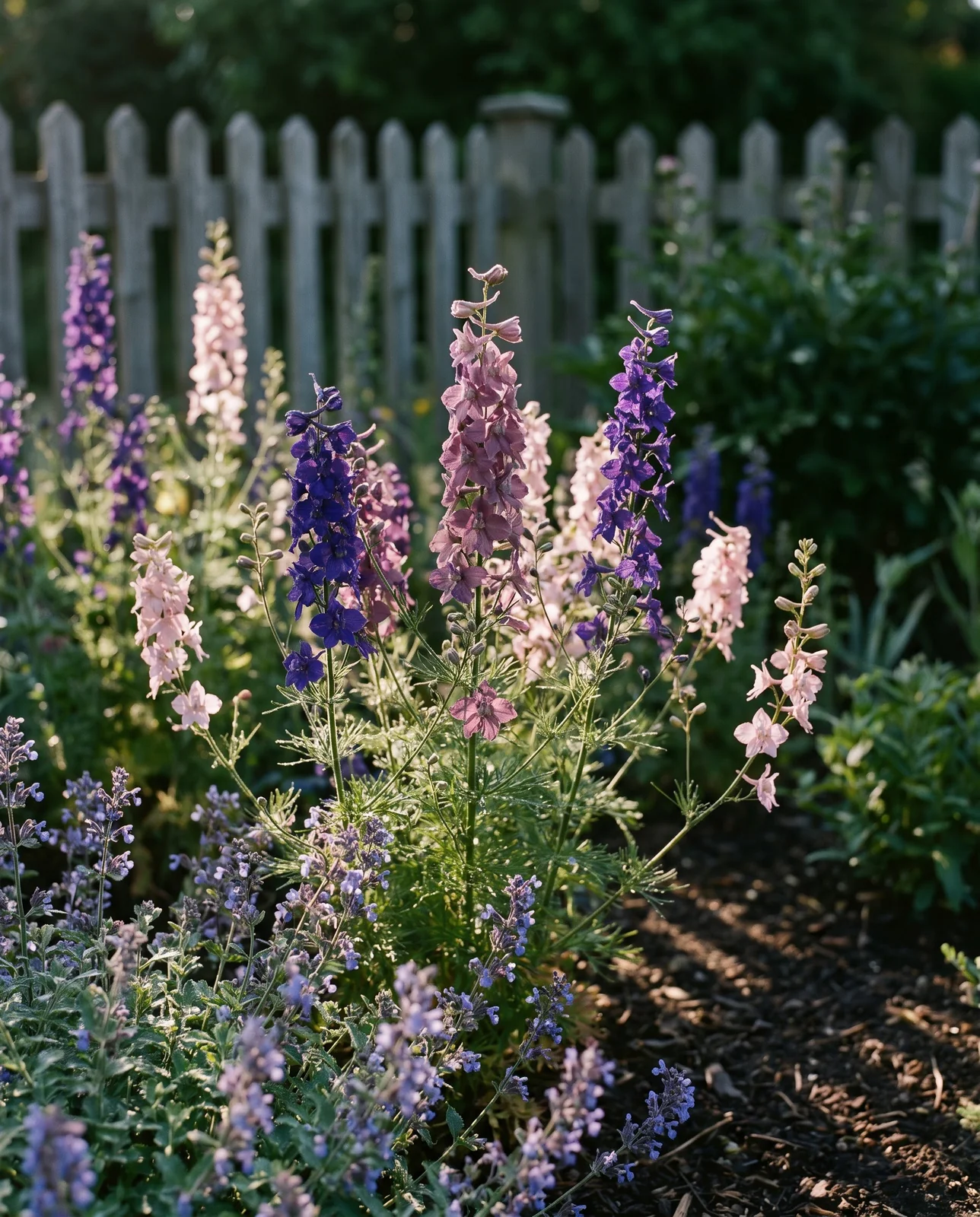 Tall larkspur flower spires in a cottage border with morning dew.