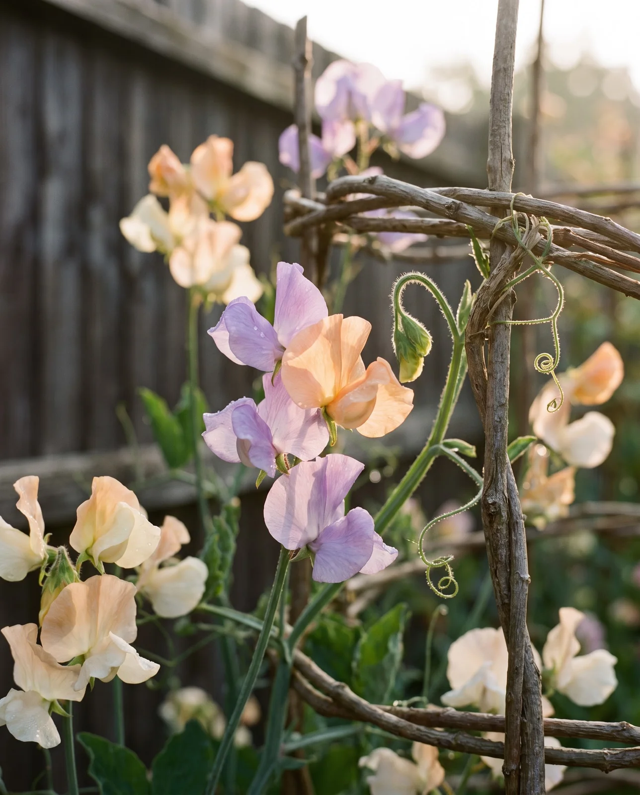 Pastel sweet pea blossoms and climbing tendrils on a willow trellis.