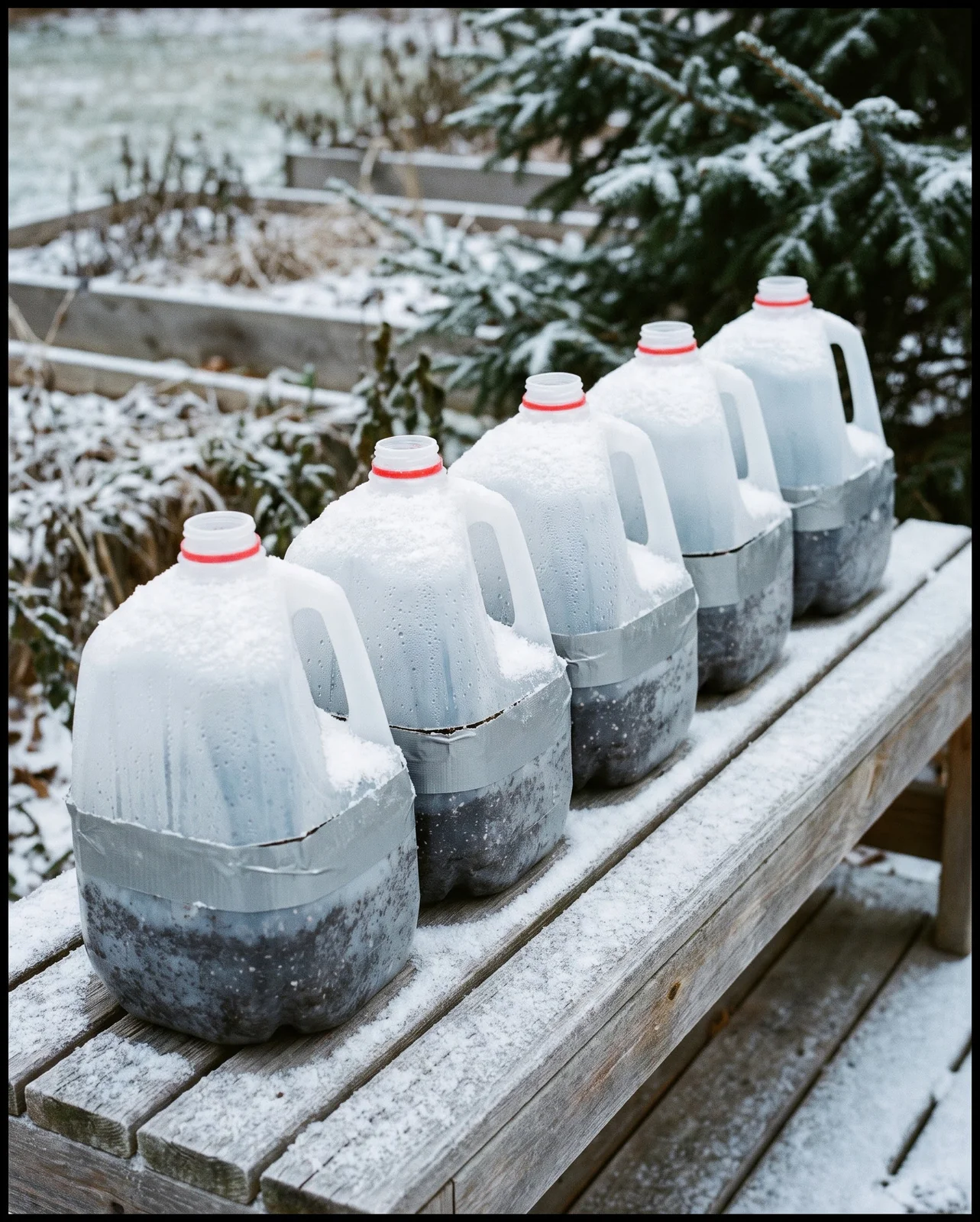 Taped translucent plastic milk jugs set outdoors on a snowy bench.