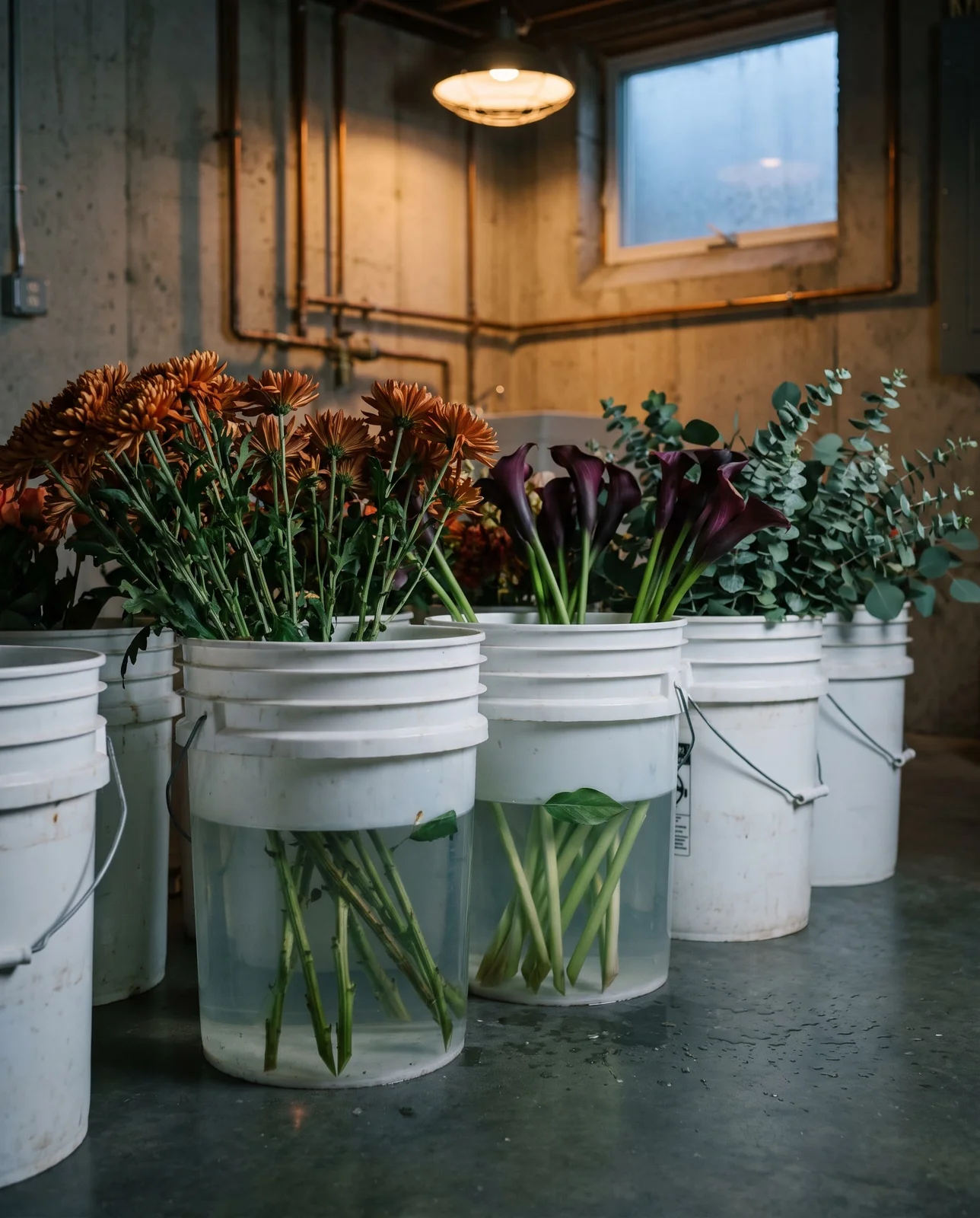 Cut flower stems hydrating in buckets along concrete mudroom floor