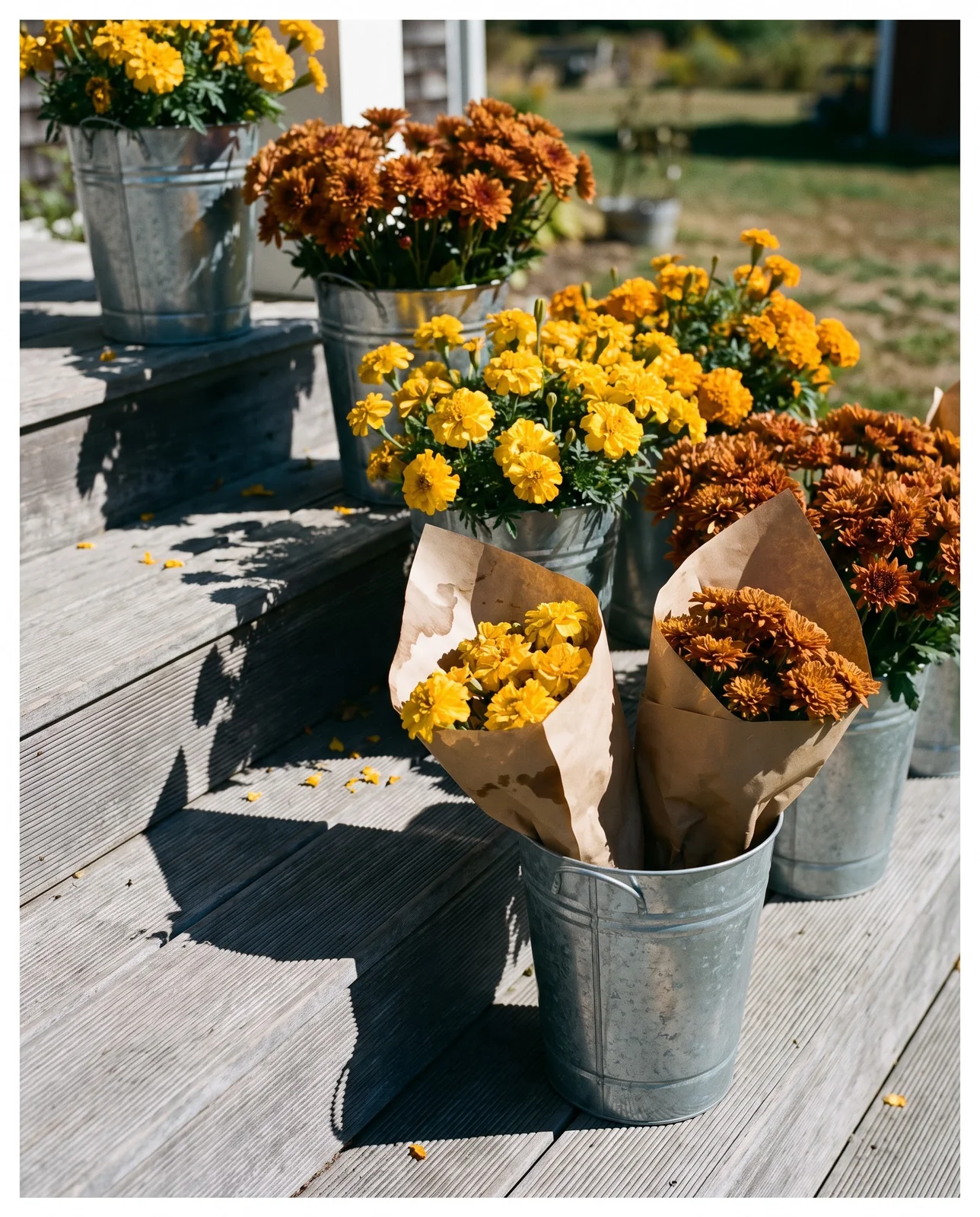 Galvanized buckets of marigolds and mums arranged on wooden porch steps