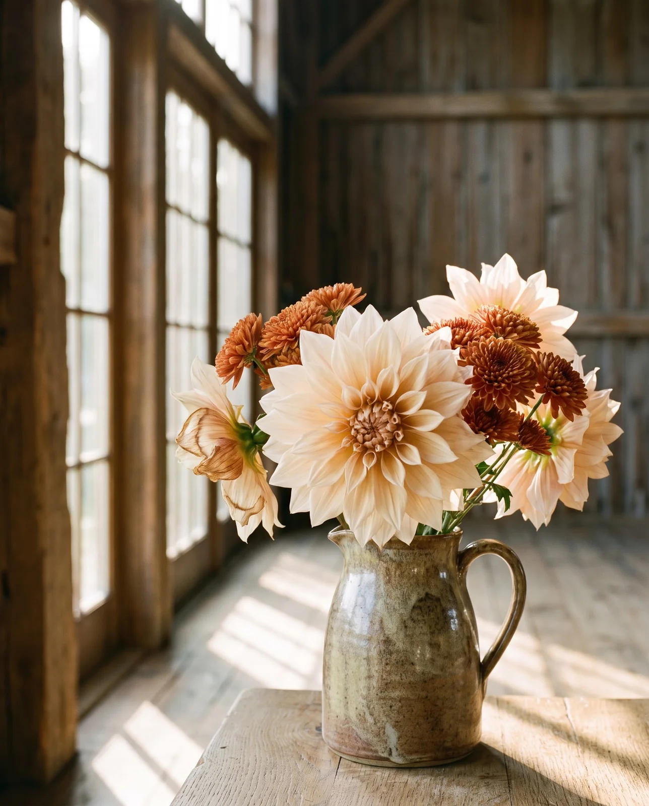 Café au lait dahlia and rust chrysanthemums in pitcher on barn table