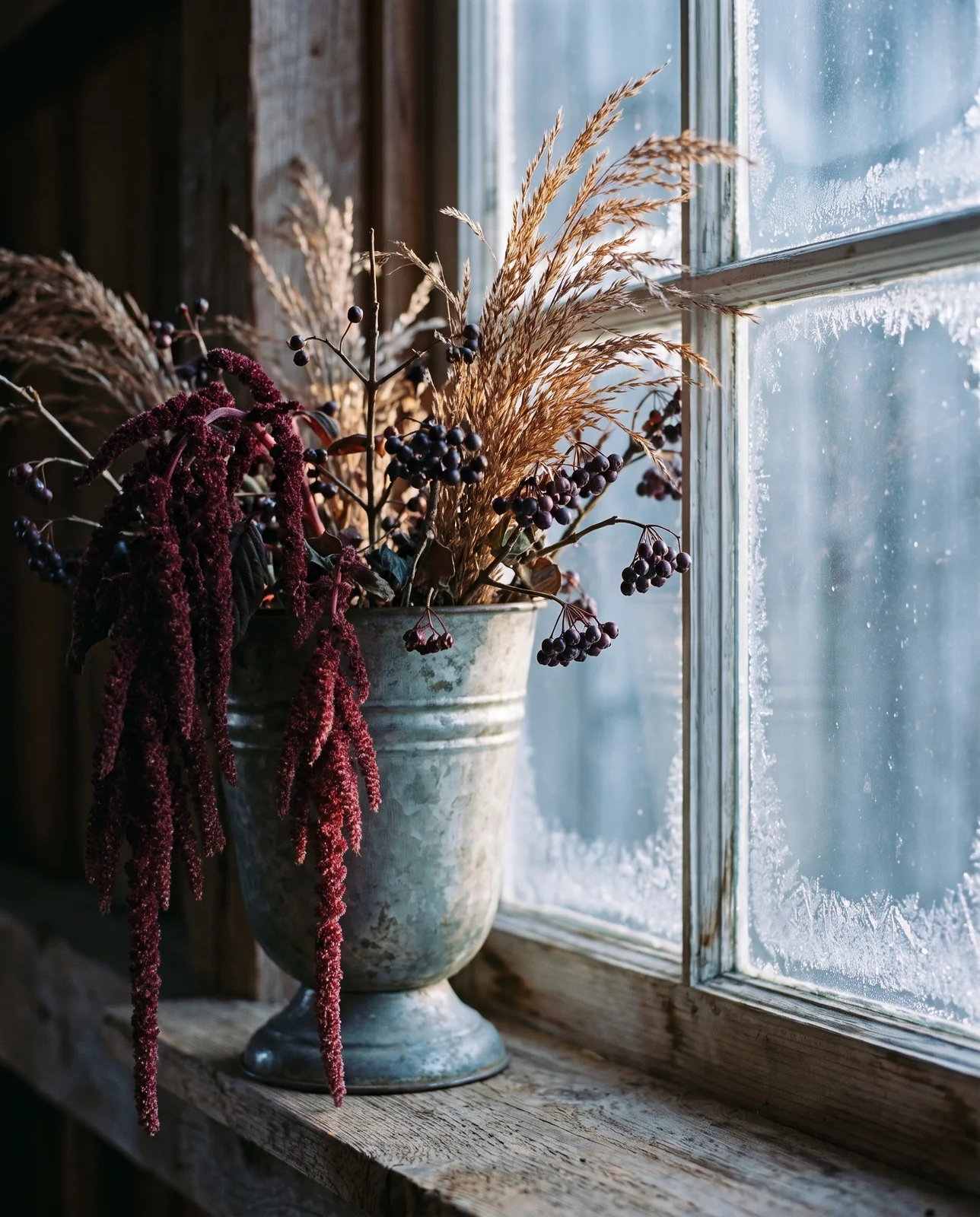 Trailing amaranthus, dried grasses, and viburnum berries in barn urn near window