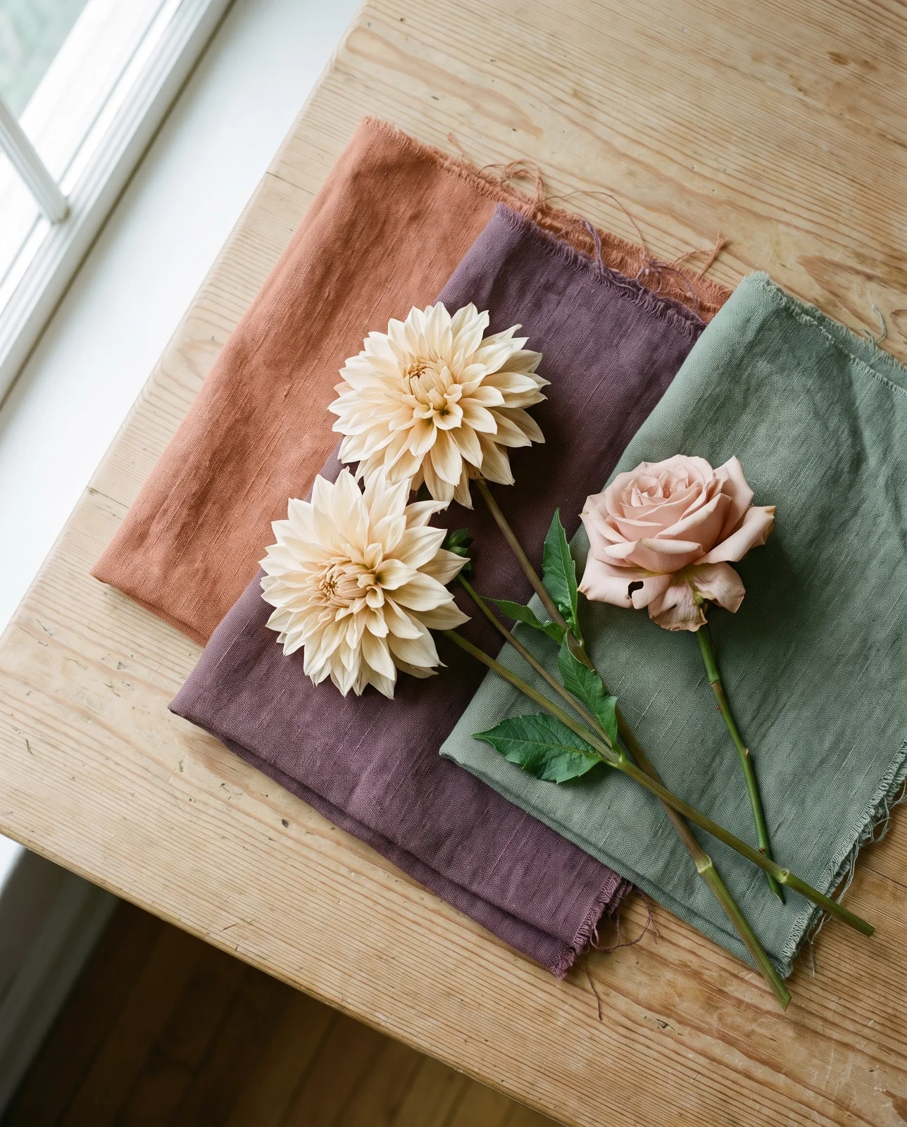 Terracotta, plum, and sage linen swatches with loose dahlia and rose stems