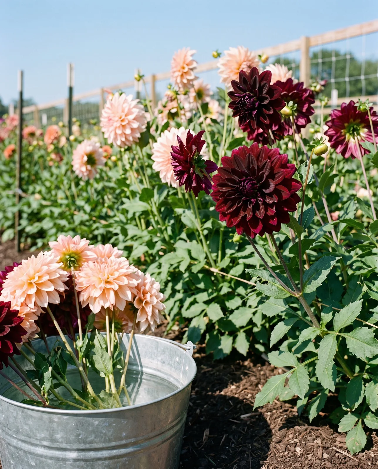 Dahlia flower farm rows in full bloom with galvanized harvest bucket