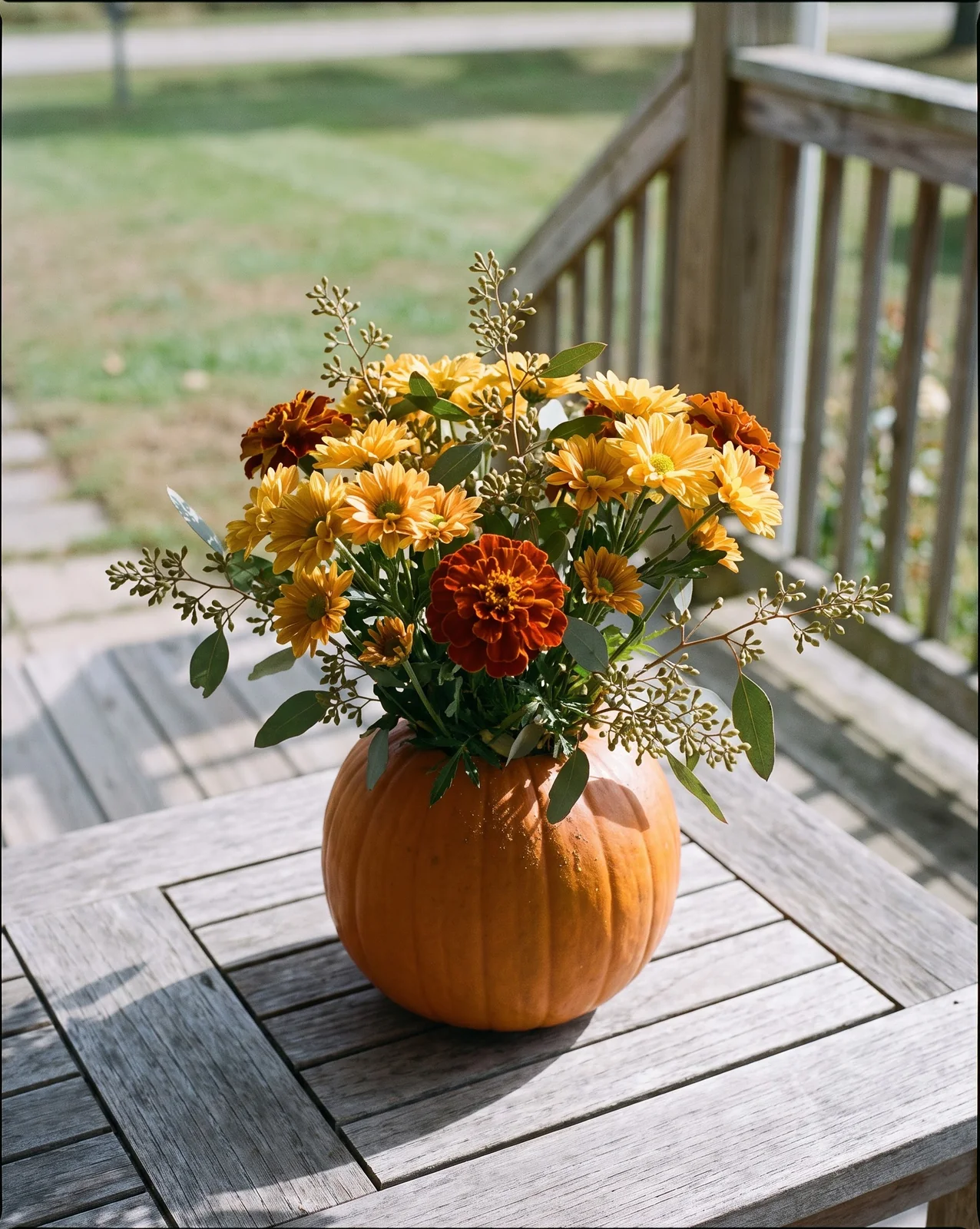Small pumpkin flower arrangement filled with yellow mums and rust marigolds.